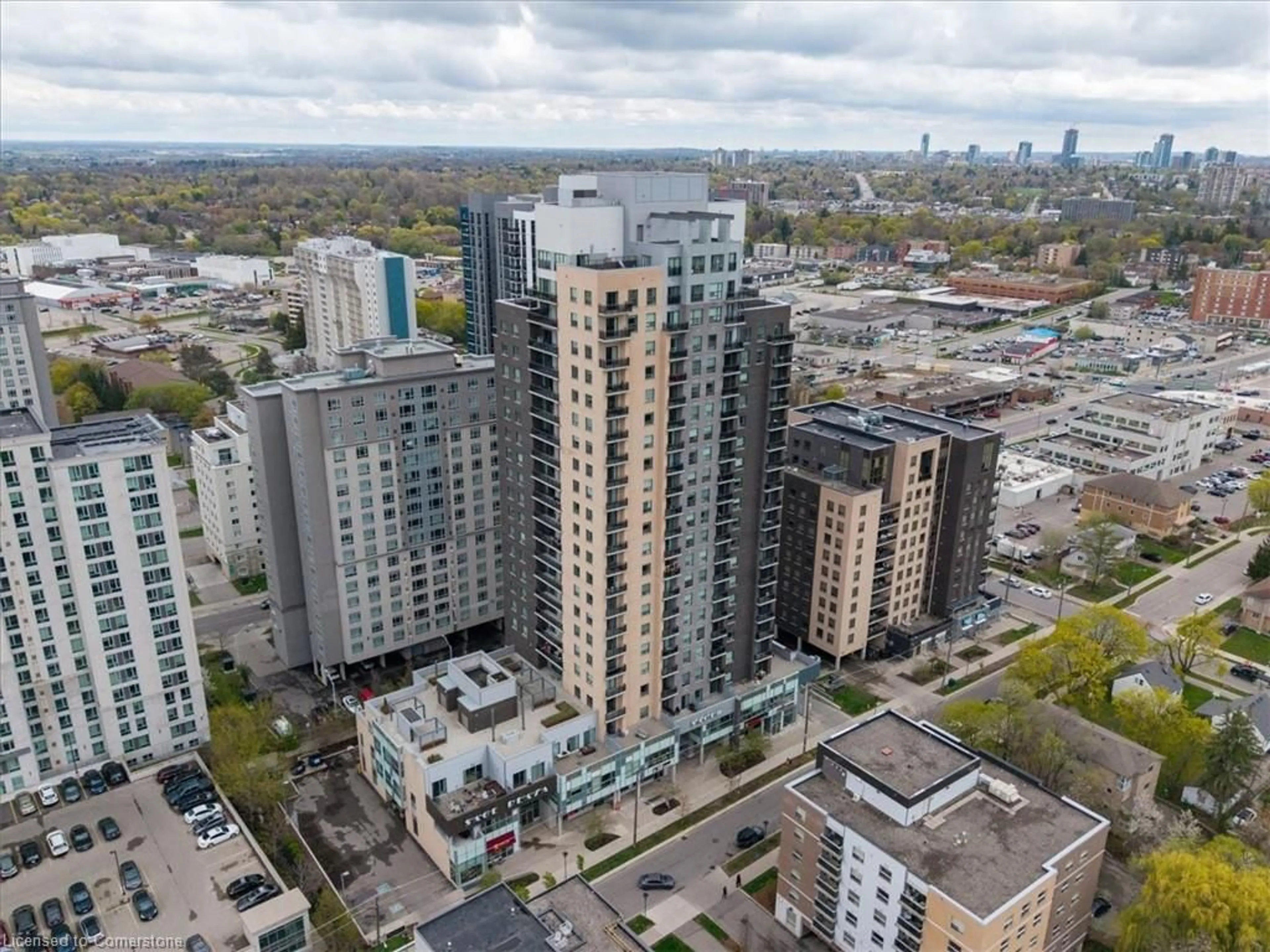 A pic from outside/outdoor area/front of a property/back of a property/a pic from drone, city buildings view from balcony for 318 Spruce St #805, Waterloo Ontario N2L 3M7