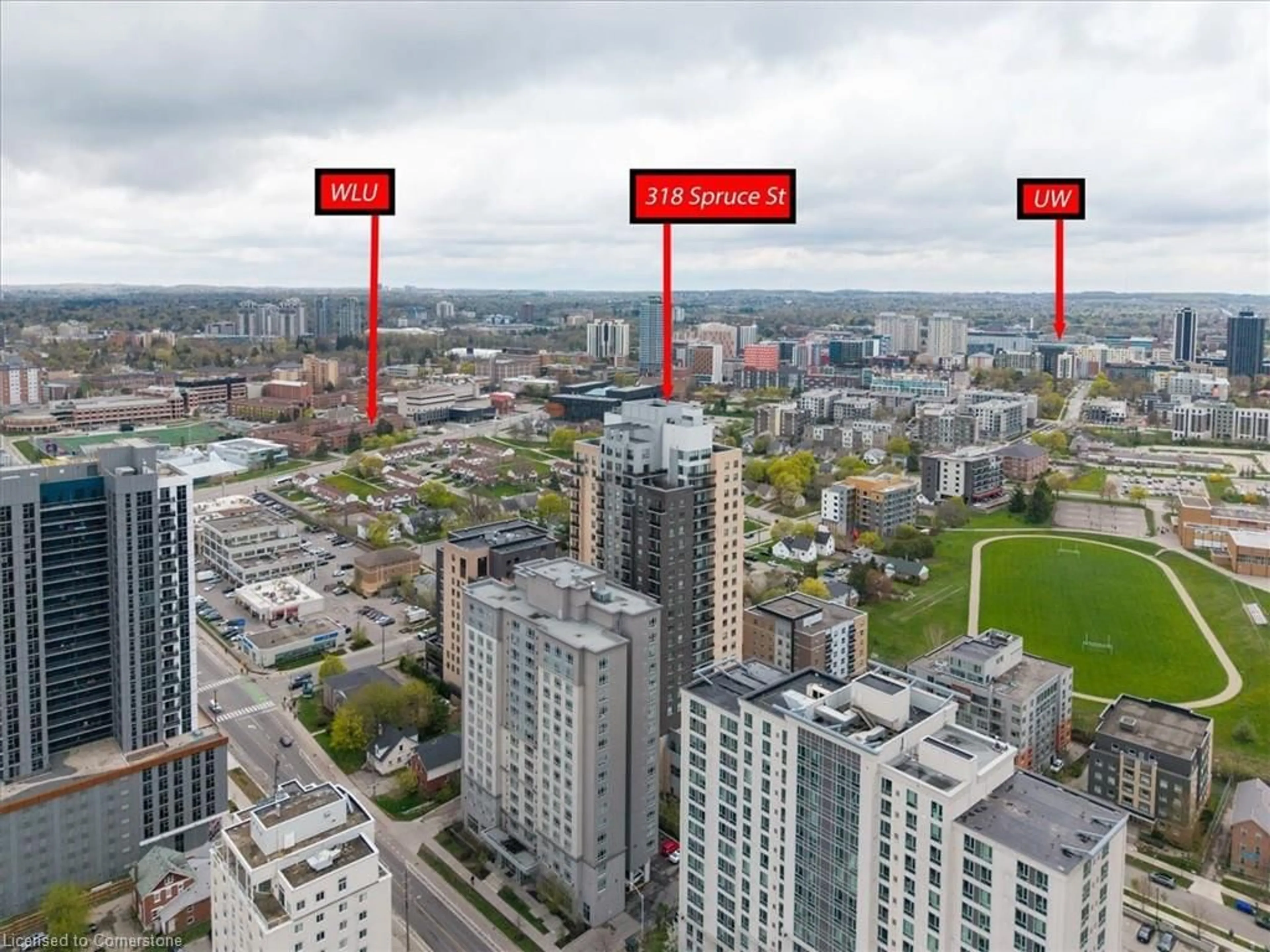 A pic from outside/outdoor area/front of a property/back of a property/a pic from drone, city buildings view from balcony for 318 Spruce St #805, Waterloo Ontario N2L 3M7