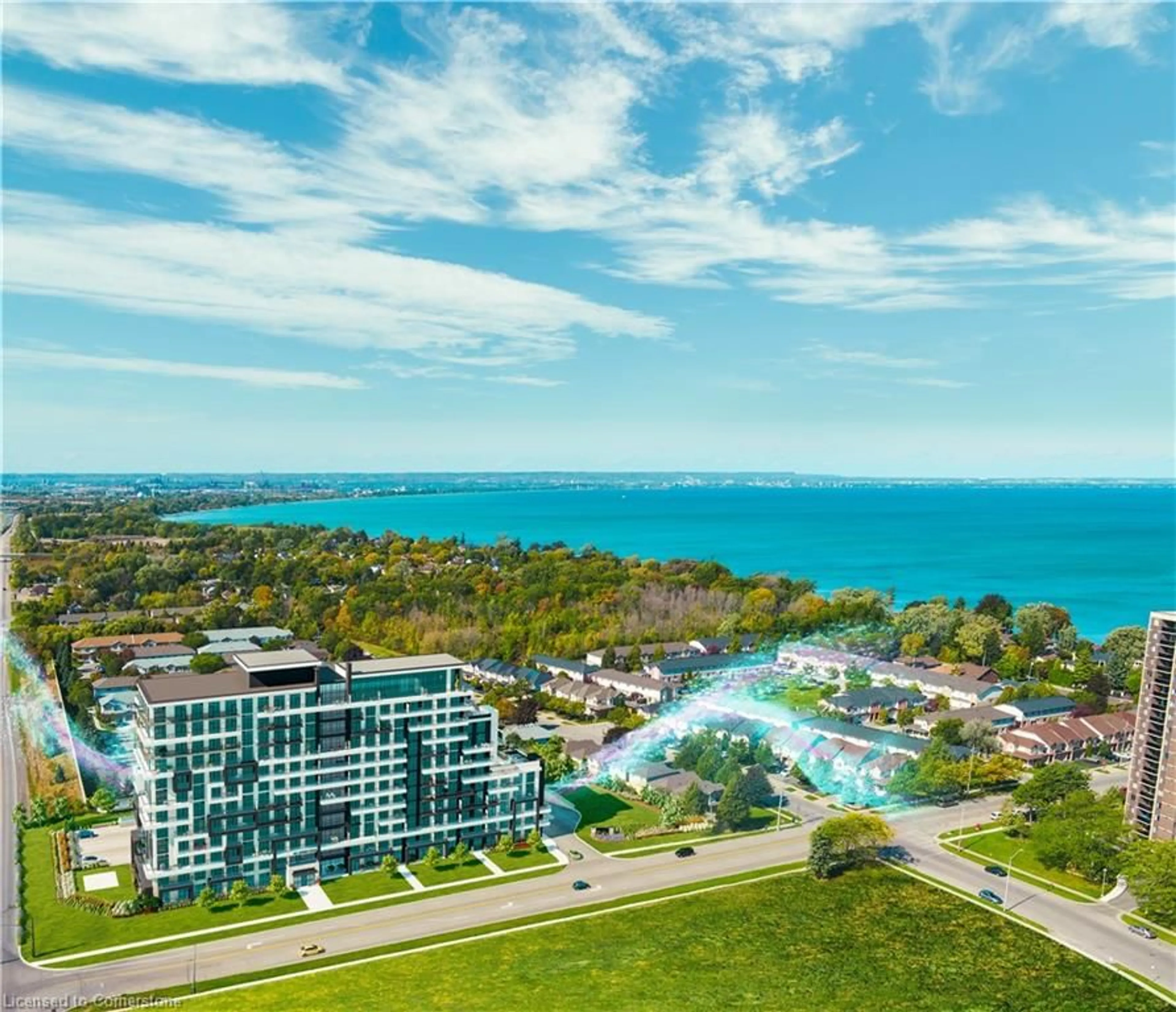 A pic from outside/outdoor area/front of a property/back of a property/a pic from drone, water/lake/river/ocean view for 461 Green Rd #1202, Stoney Creek Ontario L8E 5B4