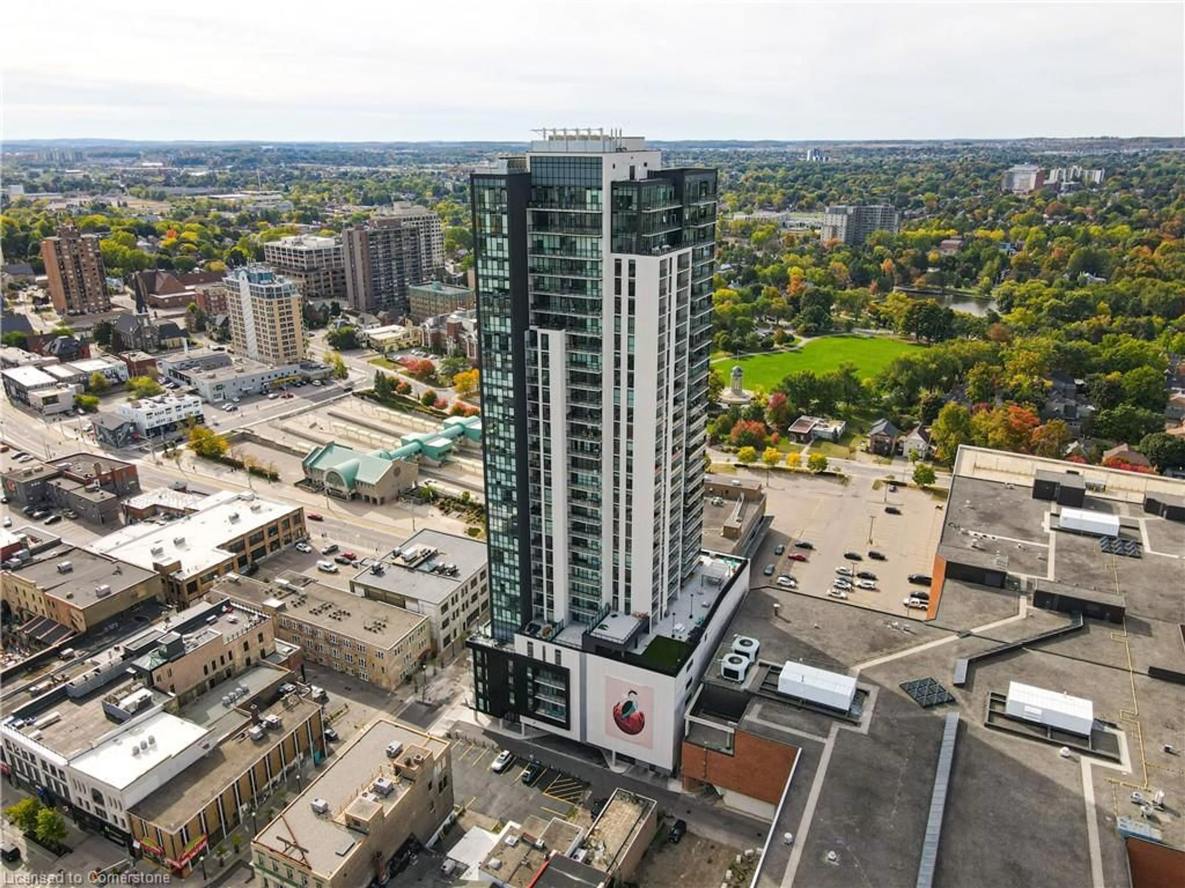 A pic from outside/outdoor area/front of a property/back of a property/a pic from drone, city buildings view from balcony for 60 Charles Street West #1104, Kitchener Ontario N2G 0C9