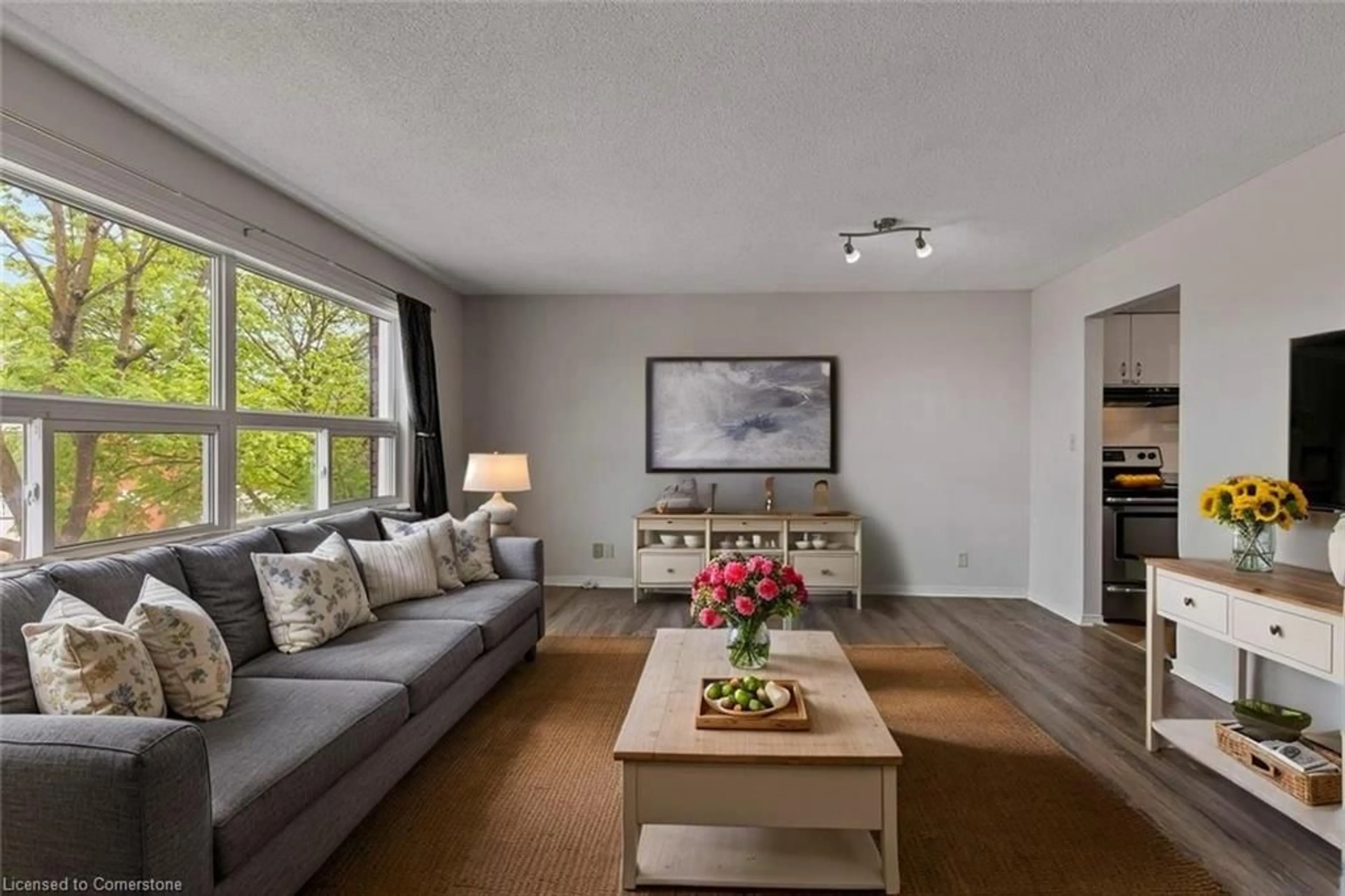 Living room with furniture, wood/laminate floor for 30 Hugo Cres #201, Kitchener Ontario N2M 3Z2