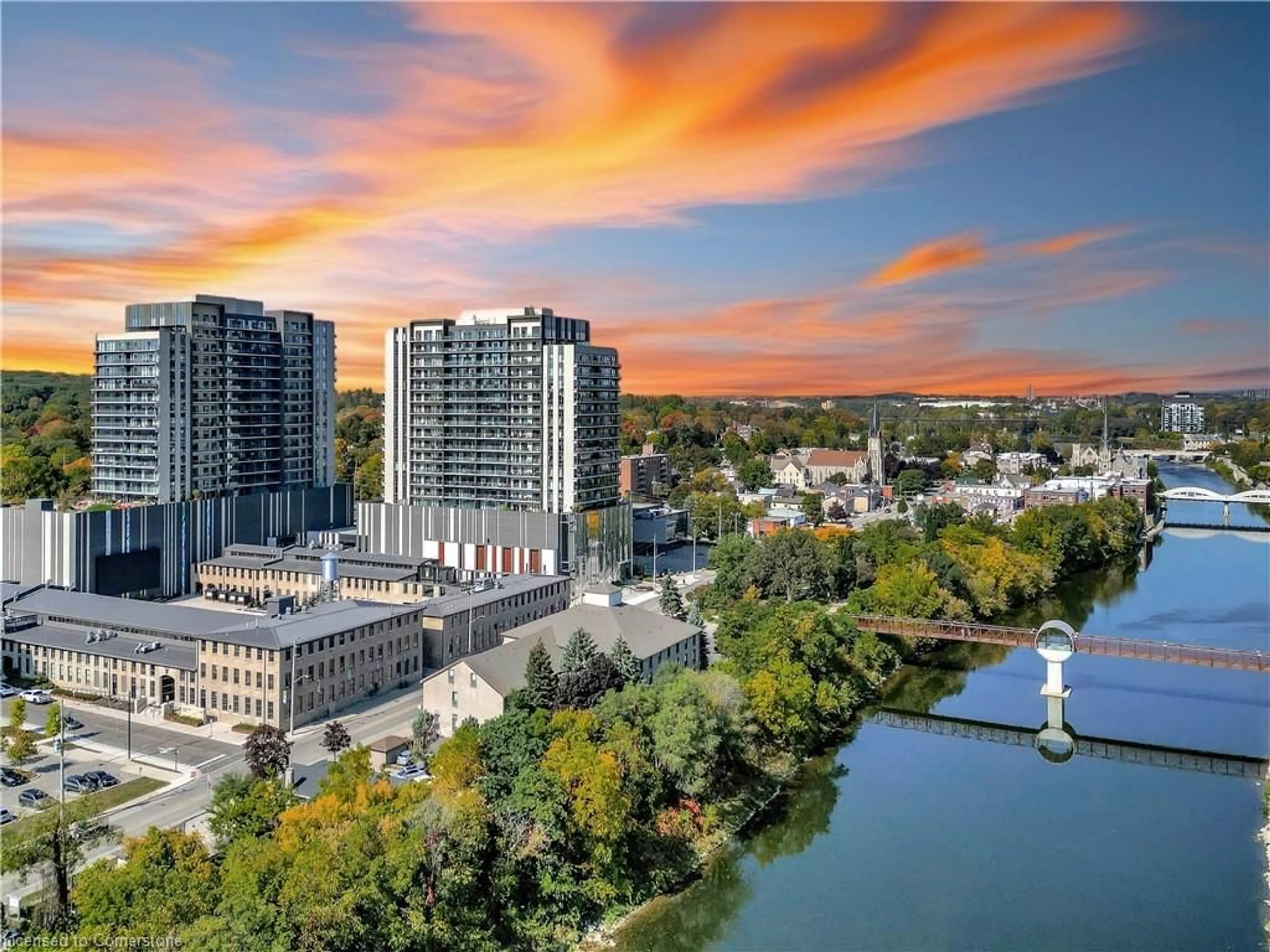A pic from outside/outdoor area/front of a property/back of a property/a pic from drone, city buildings view from balcony for 15 Glebe St #710, Cambridge Ontario N1S 0C3