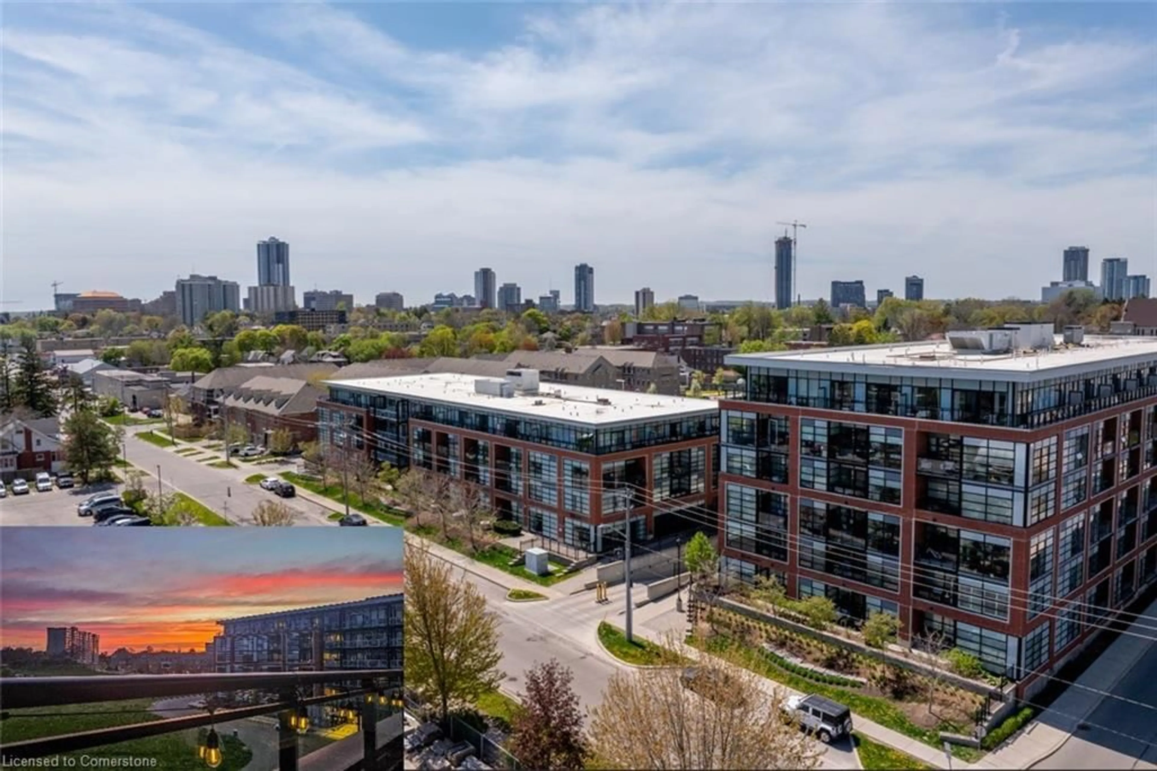 A pic from outside/outdoor area/front of a property/back of a property/a pic from drone, city buildings view from balcony for 155 St Leger Street St #412, Kitchener Ontario N2H 0B9