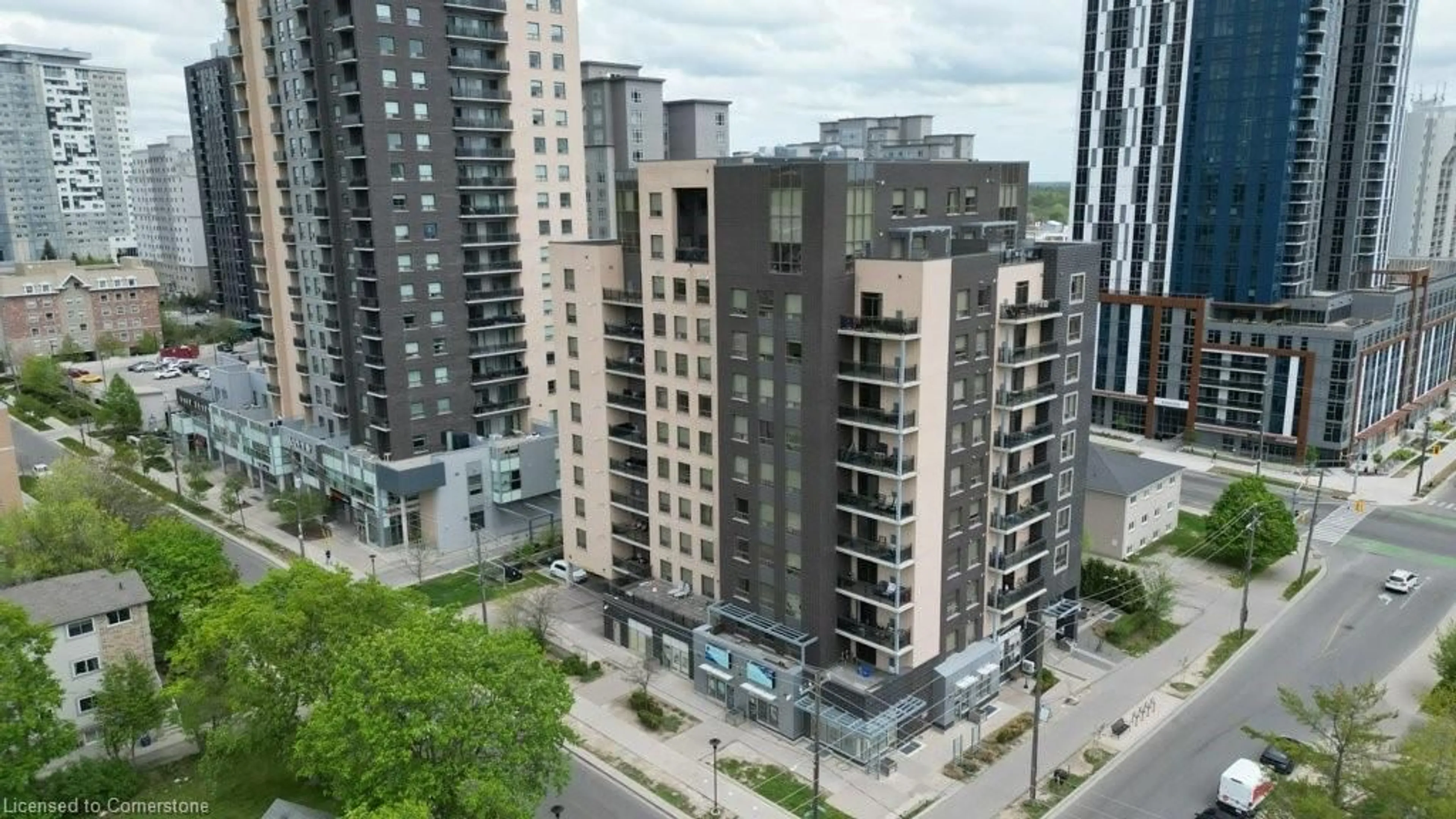 A pic from outside/outdoor area/front of a property/back of a property/a pic from drone, city buildings view from balcony for 8 Hickory St #304, Waterloo Ontario N2L 3H6