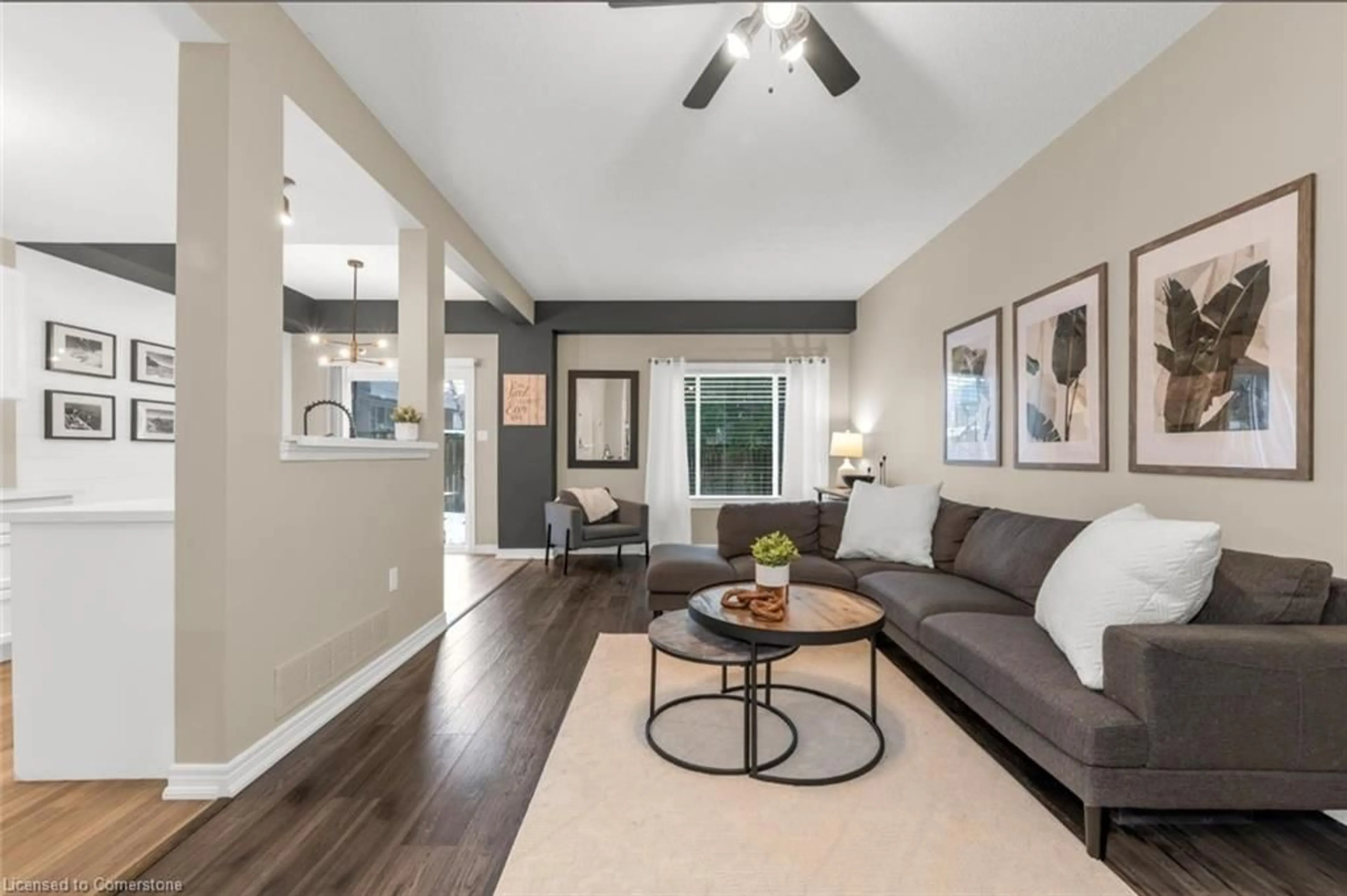 Living room with furniture, wood/laminate floor for 6 Liddycoat Lane, Ancaster Ontario L9G 0A7