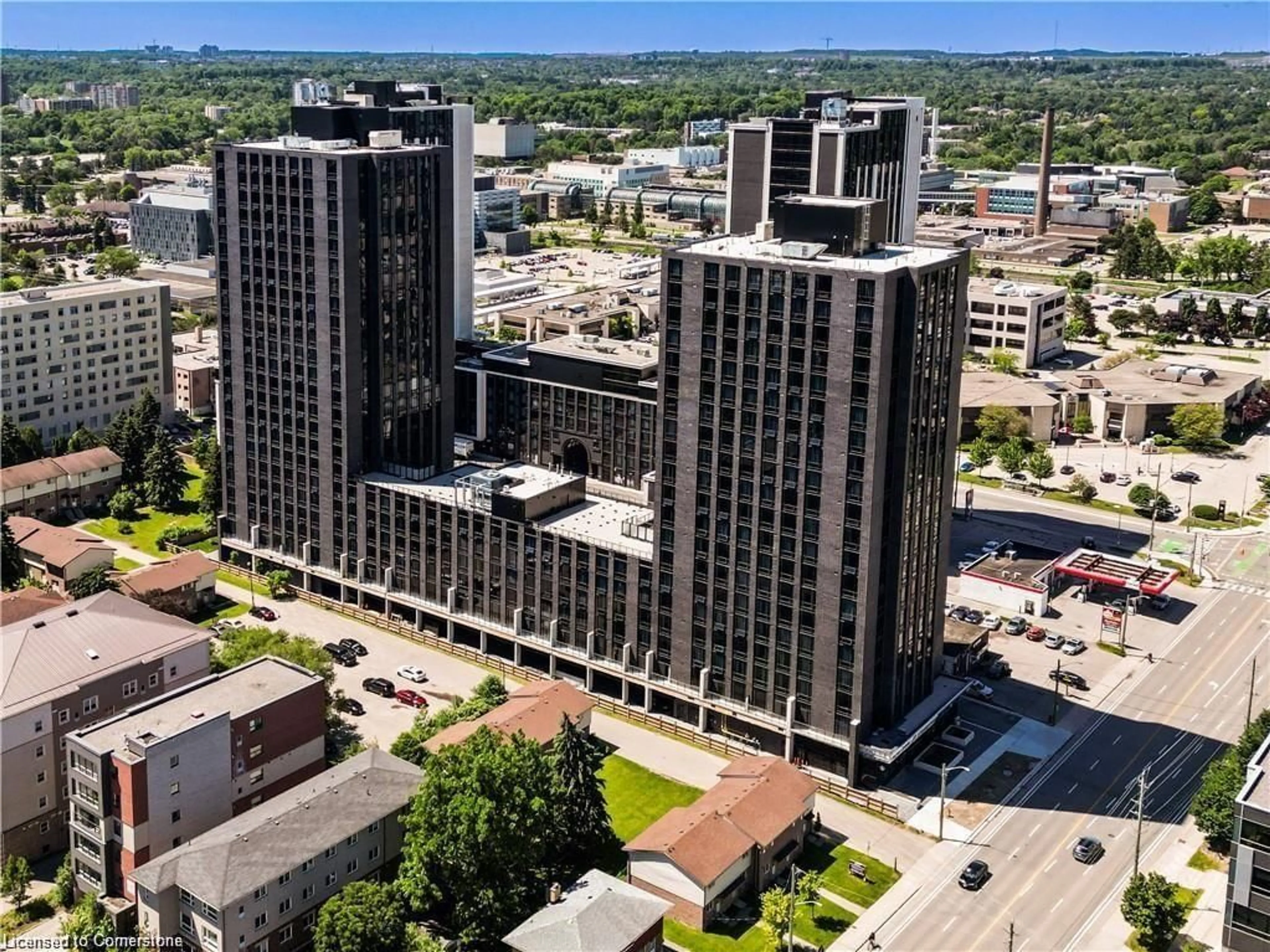 A pic from outside/outdoor area/front of a property/back of a property/a pic from drone, city buildings view from balcony for 145 Columbia St #1402, Waterloo Ontario N2L 0K7