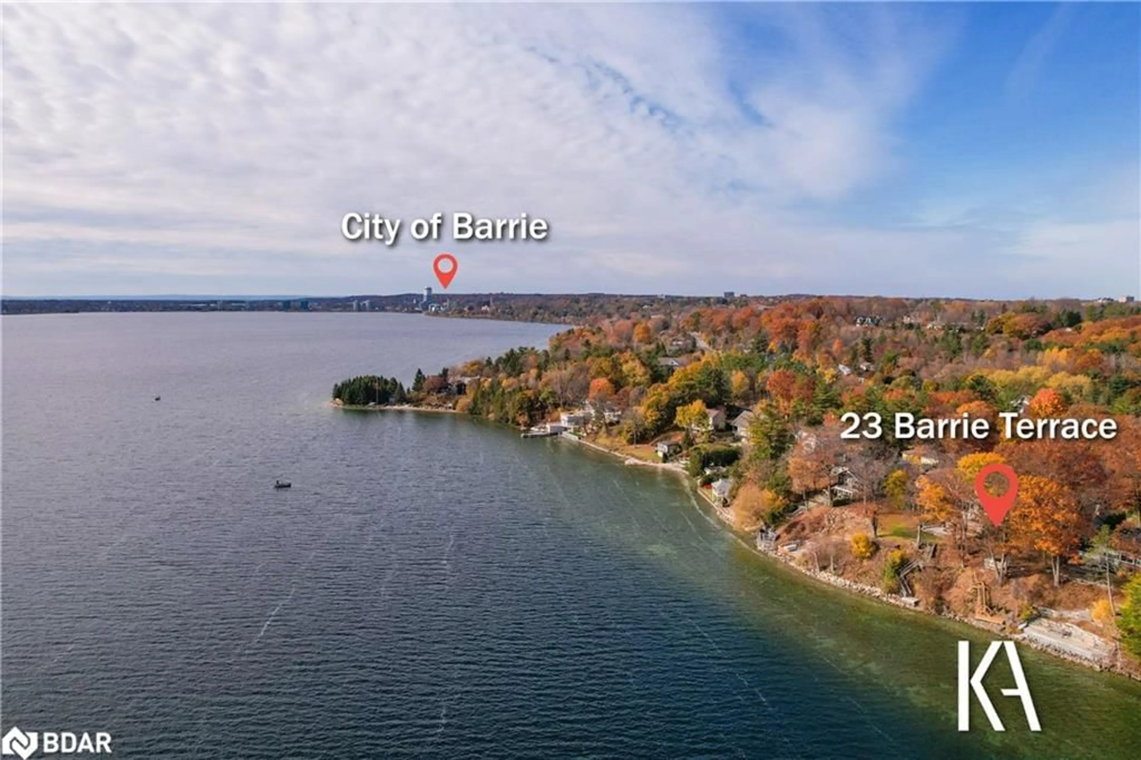 A pic from outside/outdoor area/front of a property/back of a property/a pic from drone, water/lake/river/ocean view for 23 Barrie Terr, Oro-Medonte Ontario L4M 1E8