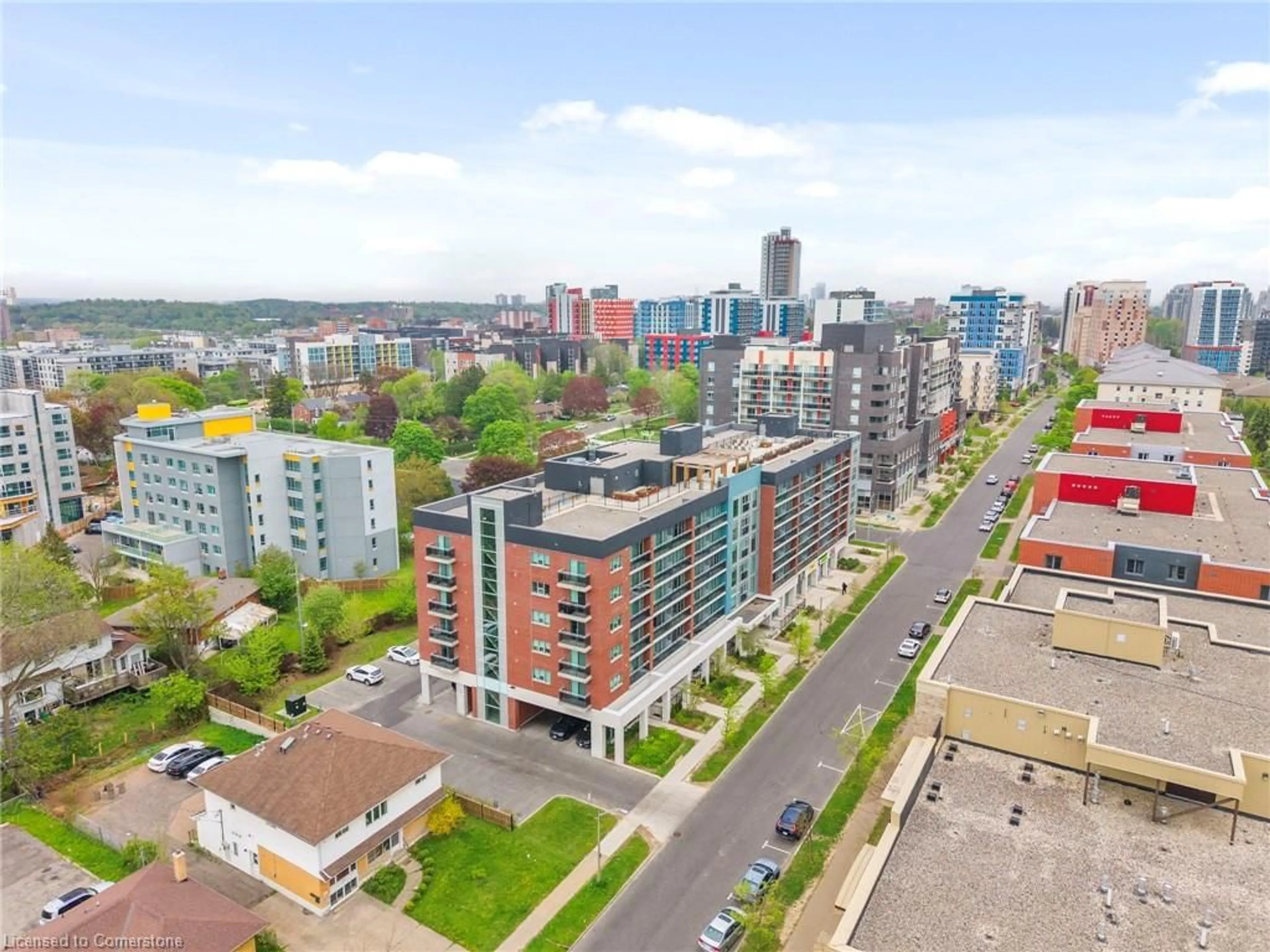 A pic from outside/outdoor area/front of a property/back of a property/a pic from drone, city buildings view from balcony for 308 Lester St #202, Waterloo Ontario N2L 0H9