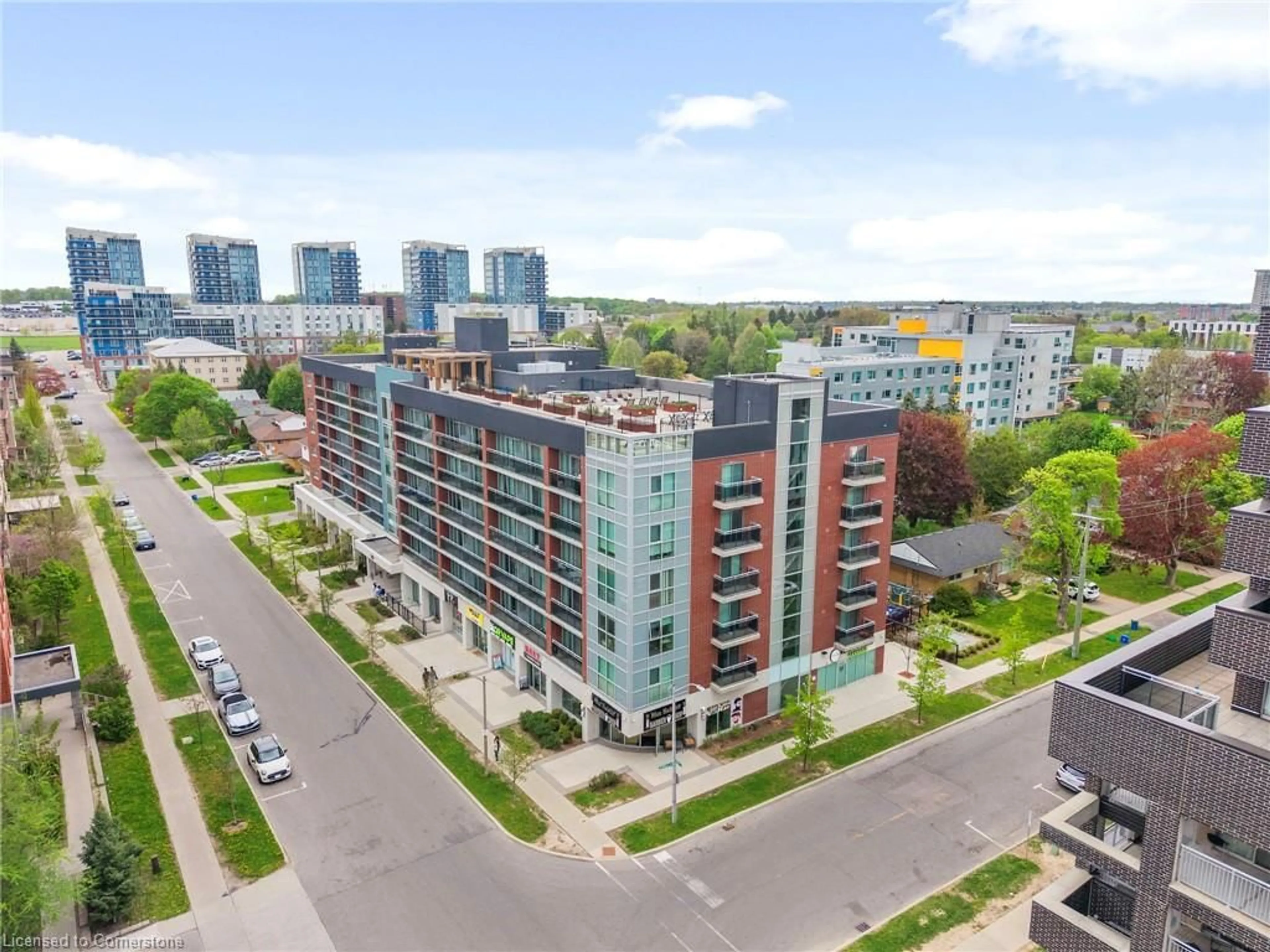 A pic from outside/outdoor area/front of a property/back of a property/a pic from drone, city buildings view from balcony for 308 Lester St #202, Waterloo Ontario N2L 0H9