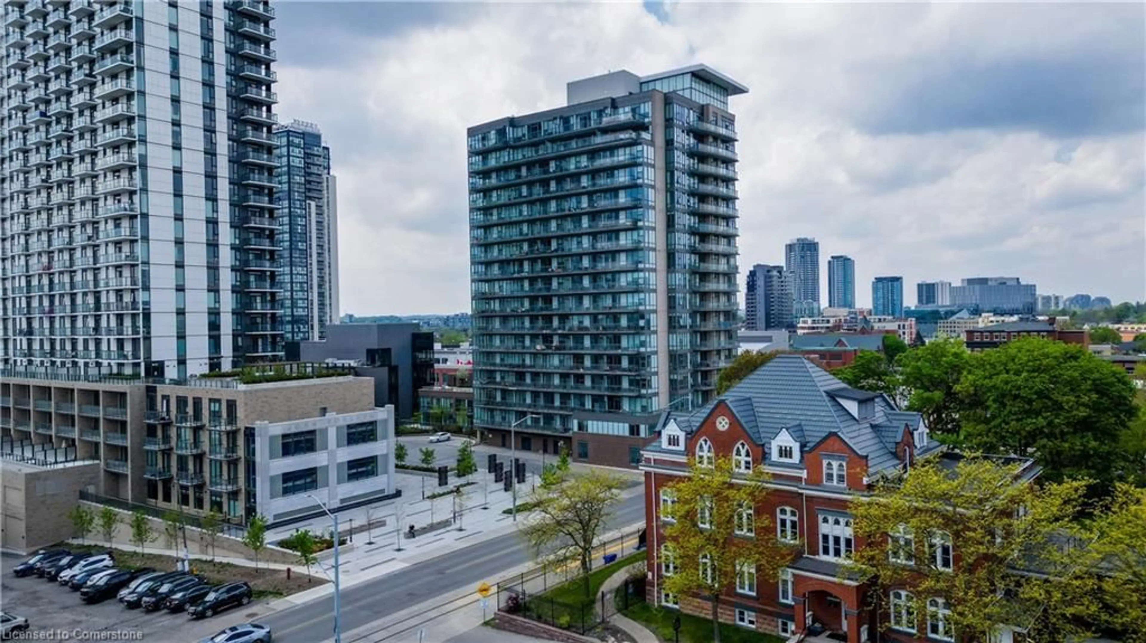 A pic from outside/outdoor area/front of a property/back of a property/a pic from drone, city buildings view from balcony for 85 Duke St #703, Kitchener Ontario N2H 4Y7
