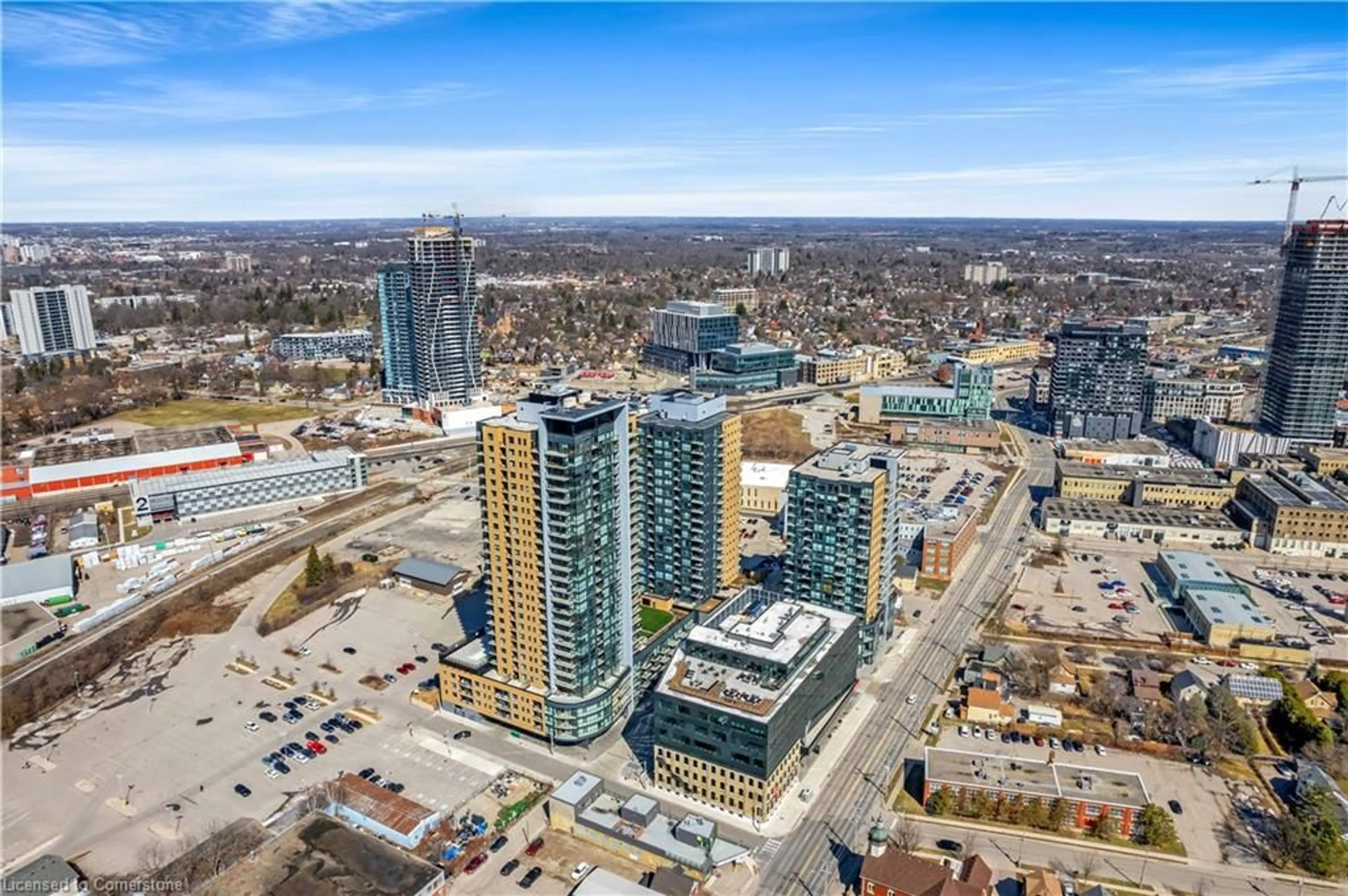 A pic from outside/outdoor area/front of a property/back of a property/a pic from drone, city buildings view from balcony for 104 Garment St #1006, Kitchener Ontario N2G 0C8