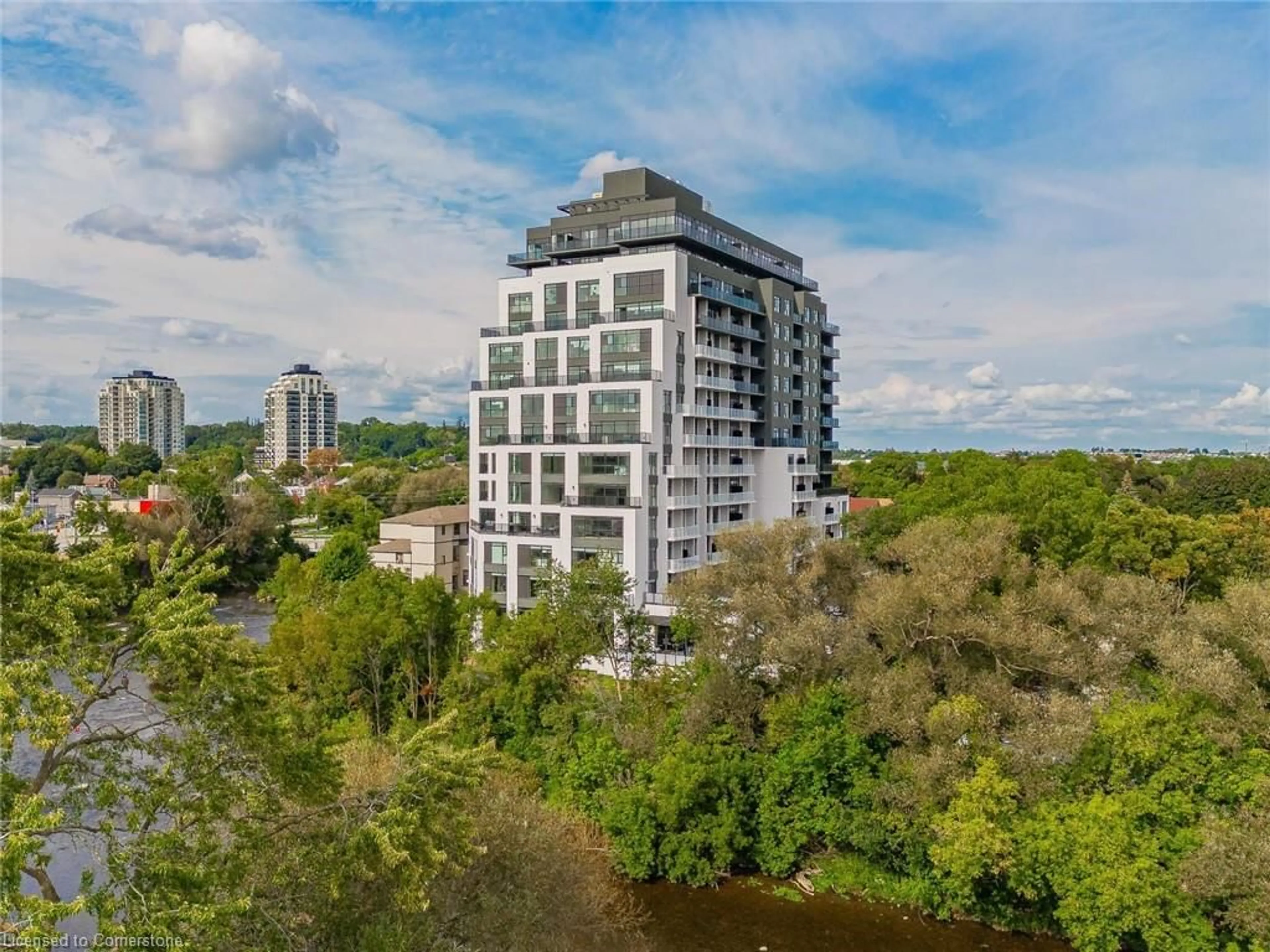 A pic from outside/outdoor area/front of a property/back of a property/a pic from drone, city buildings view from balcony for 71 Wyndham St #101, Guelph Ontario N1E 5R3