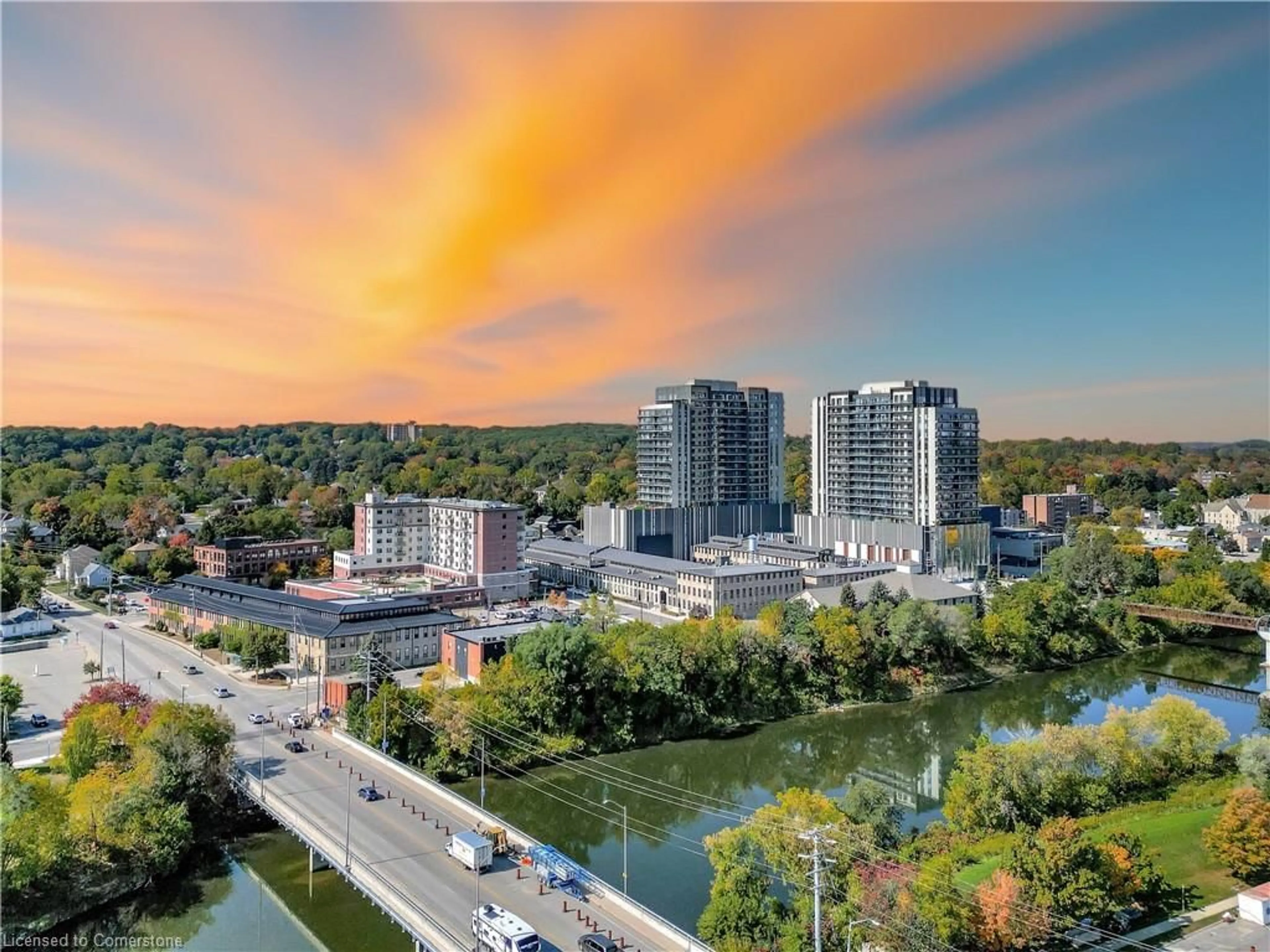 A pic from outside/outdoor area/front of a property/back of a property/a pic from drone, city buildings view from balcony for 15 Glebe St #710, Cambridge Ontario N1S 0C3