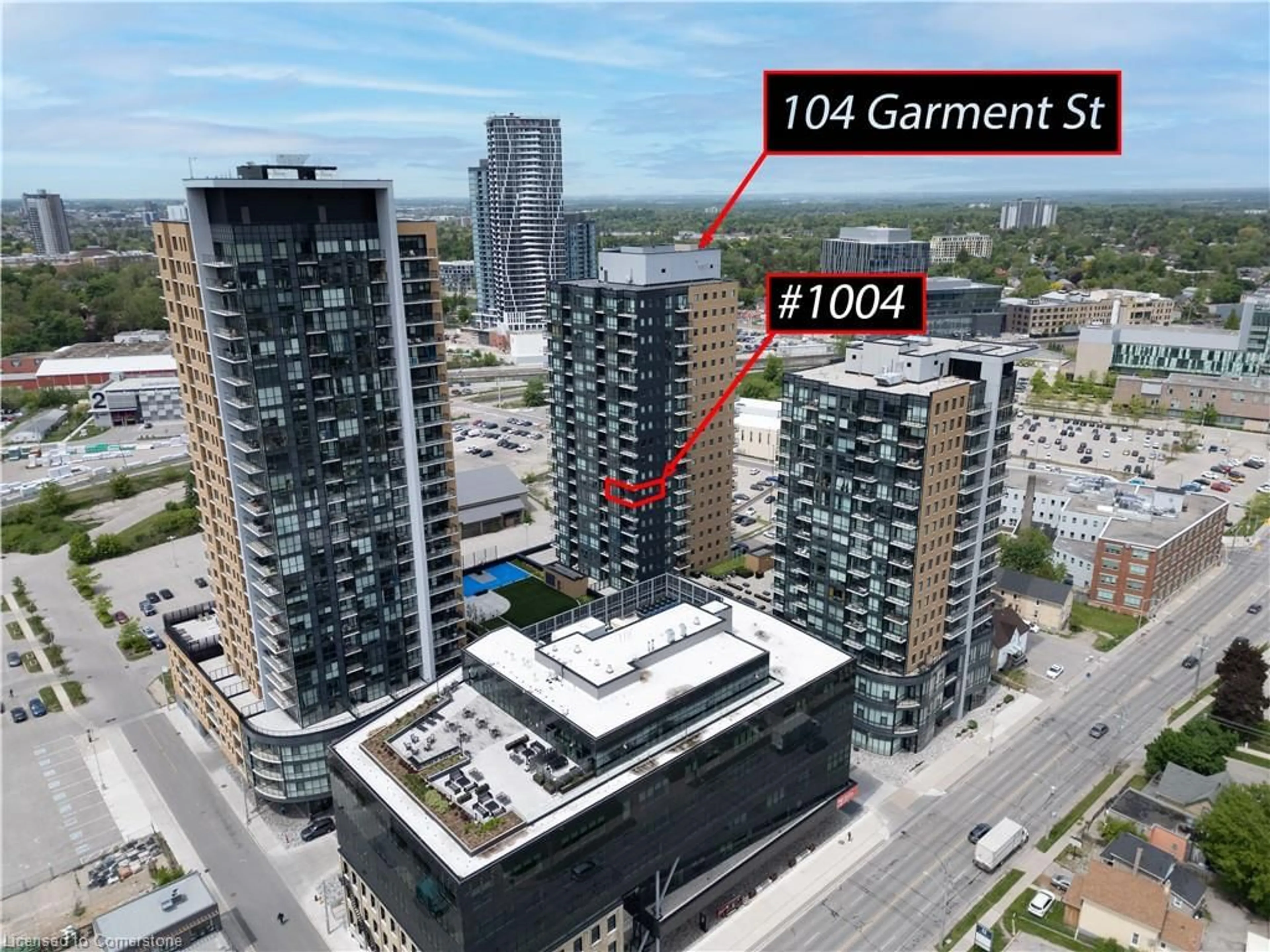 A pic from outside/outdoor area/front of a property/back of a property/a pic from drone, city buildings view from balcony for 104 Garment St #1004, Kitchener Ontario N2G 0C8