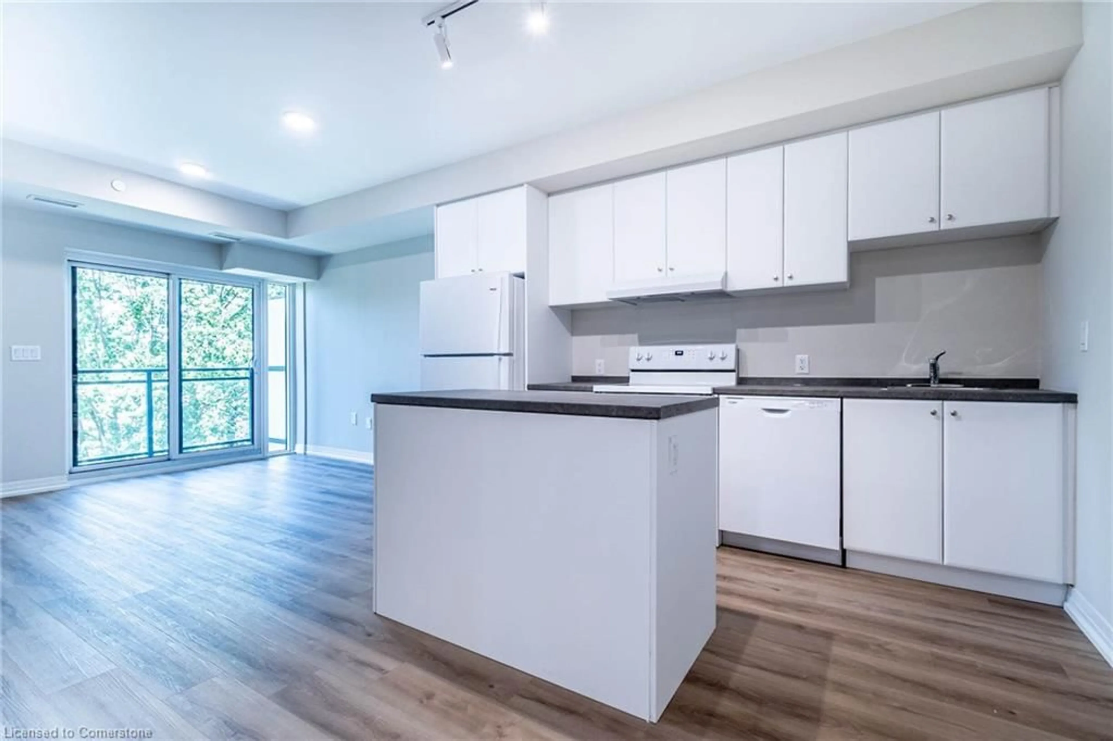 Open concept kitchen, wood/laminate floor for 50 Herrick Ave #336, St. Catharines Ontario L2P 0G3