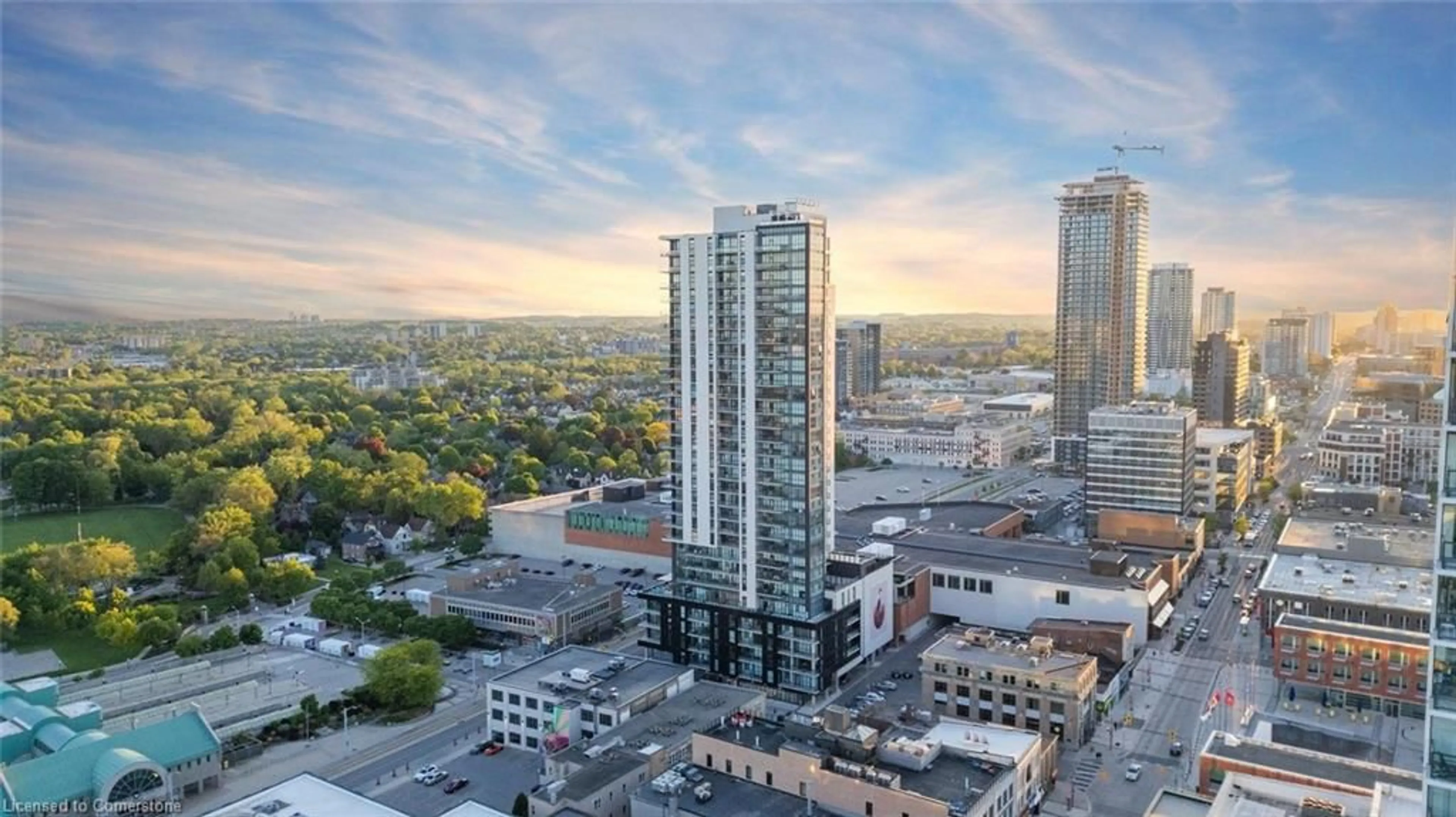 A pic from outside/outdoor area/front of a property/back of a property/a pic from drone, city buildings view from balcony for 60 Charles St #604, Kitchener Ontario N2G 0C9