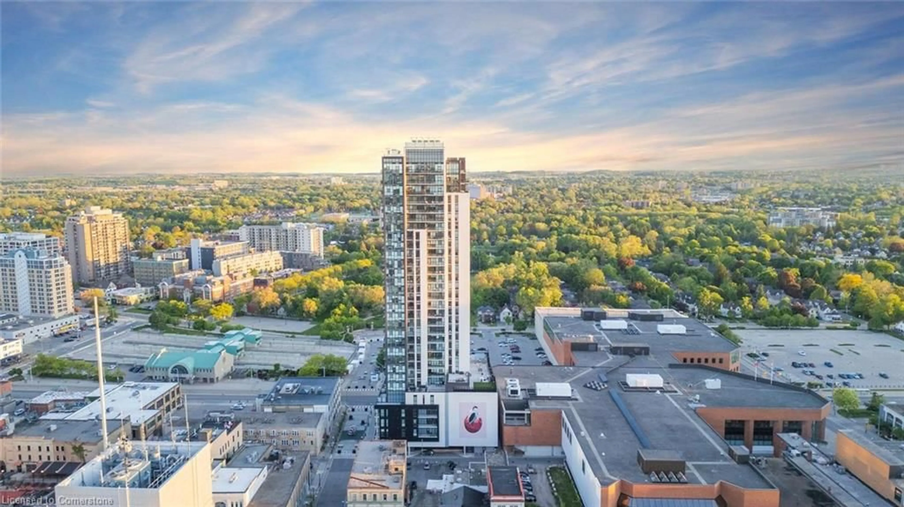 A pic from outside/outdoor area/front of a property/back of a property/a pic from drone, city buildings view from balcony for 60 Charles St #604, Kitchener Ontario N2G 0C9
