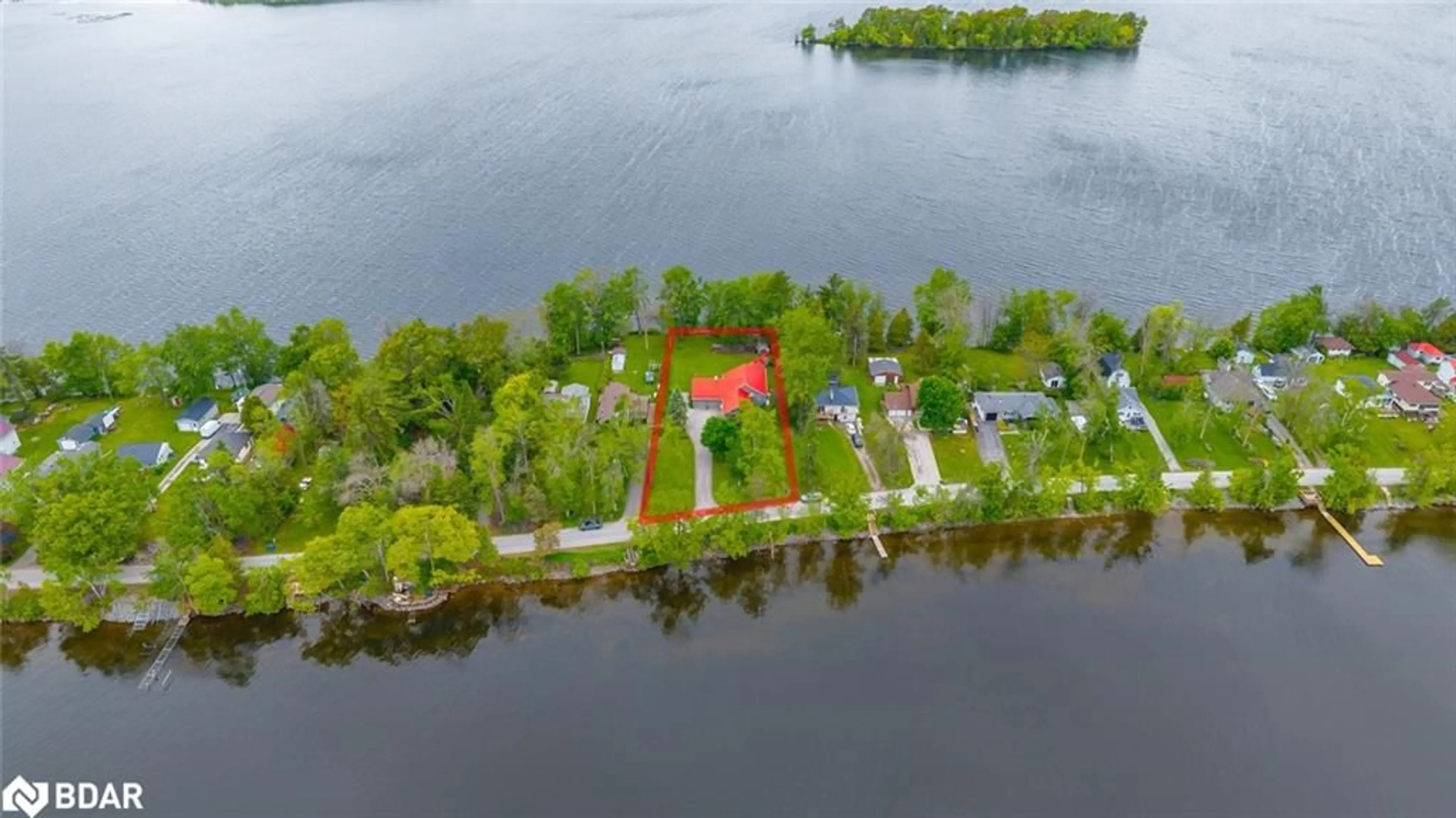 A pic from outside/outdoor area/front of a property/back of a property/a pic from drone, water/lake/river/ocean view for 201 Avery Point Rd, Sebright Ontario L0K 1W0