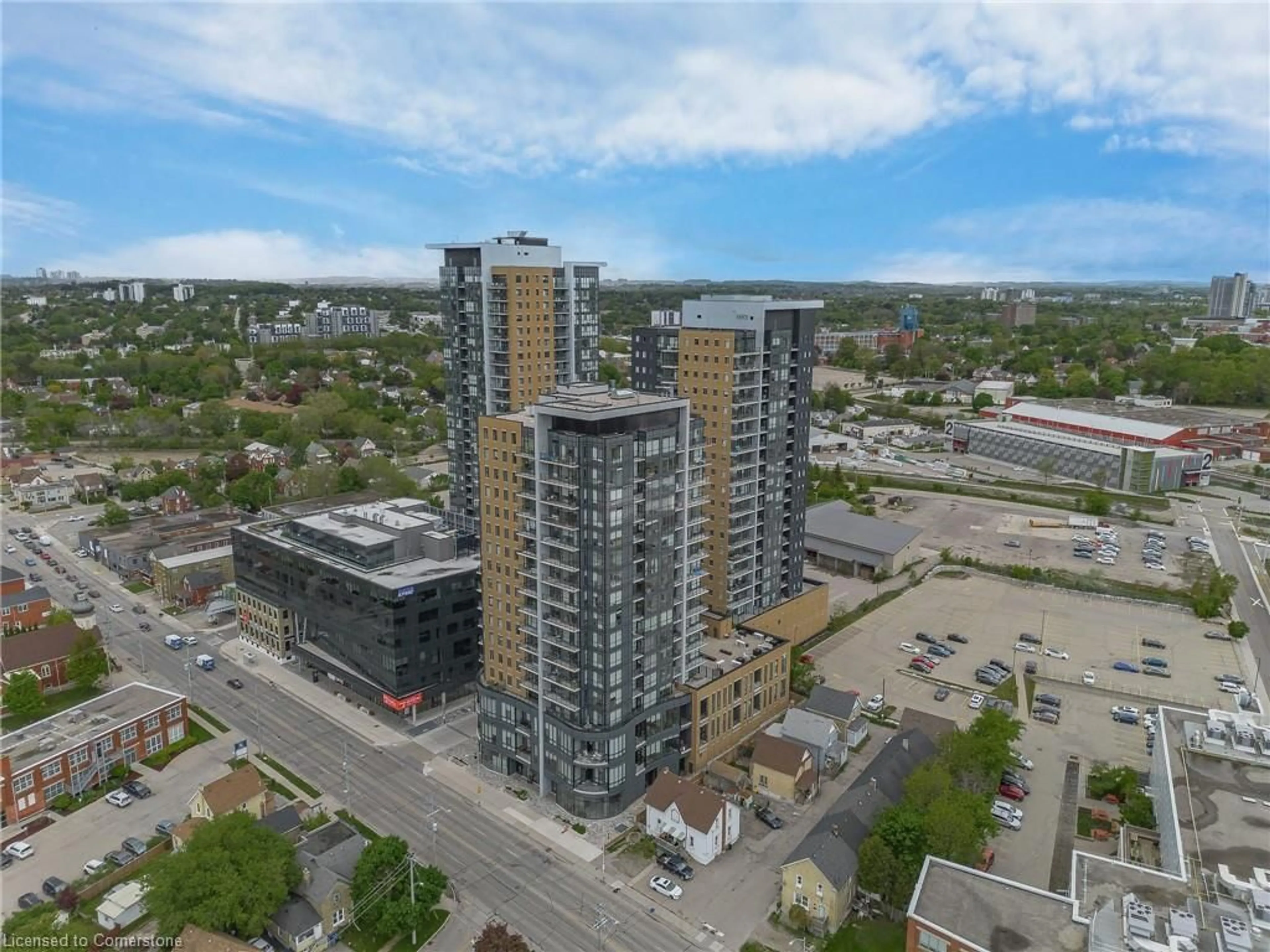 A pic from outside/outdoor area/front of a property/back of a property/a pic from drone, city buildings view from balcony for 100 Garment St #210, Kitchener Ontario N2G 0C3