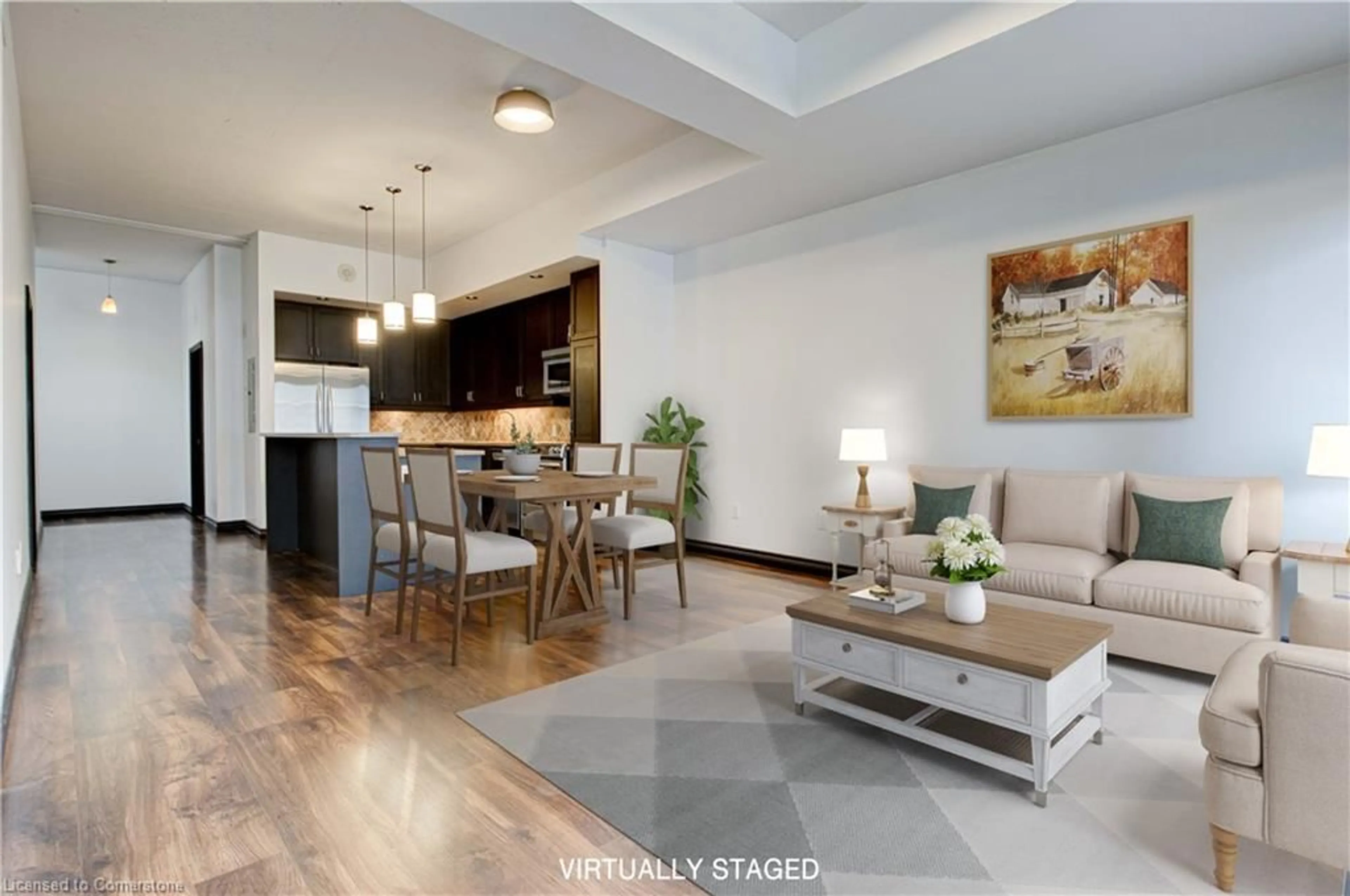 Open concept kitchen, wood/laminate floor for 191 King St #410, Waterloo Ontario N2J 1R1