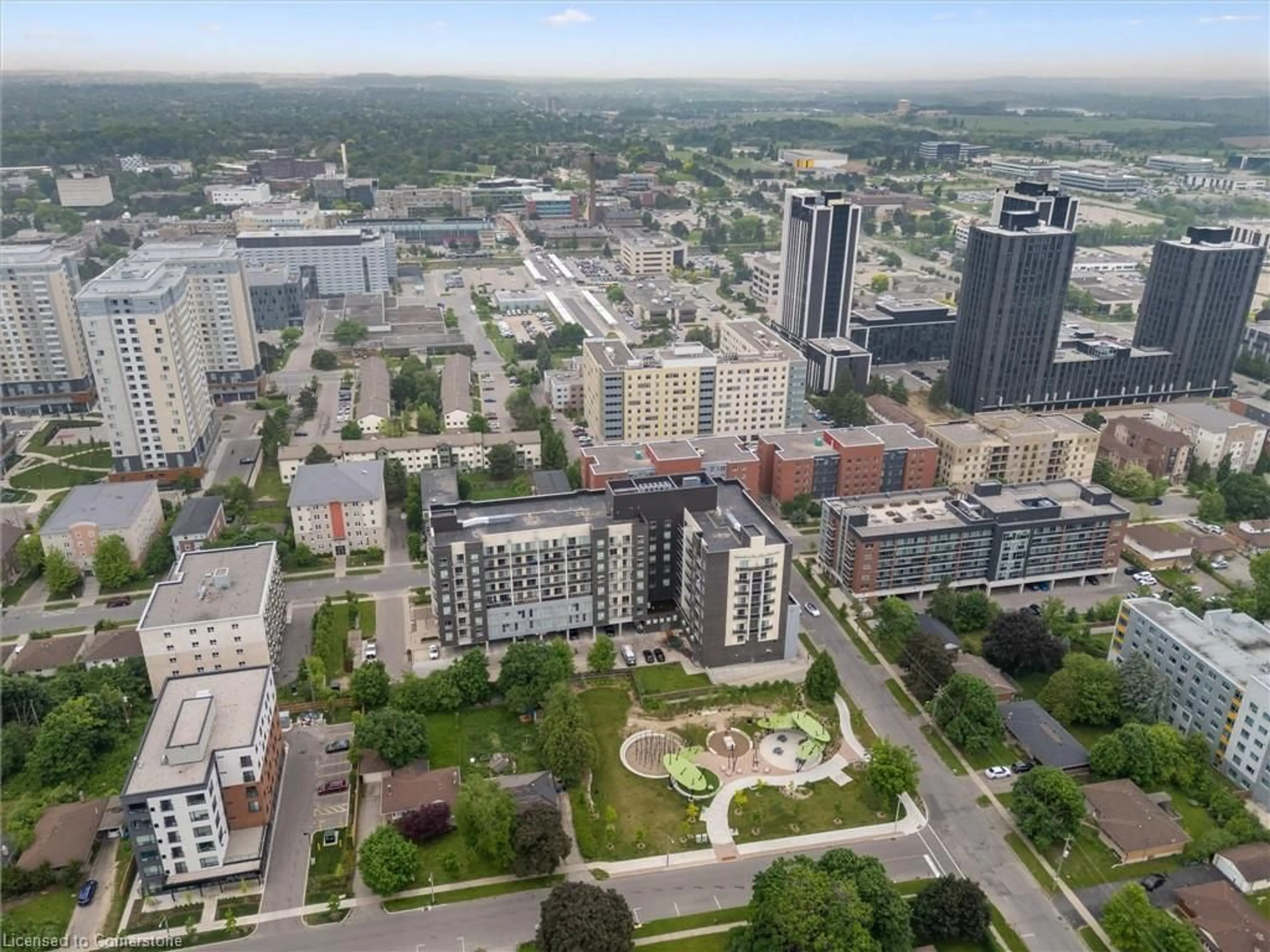 A pic from outside/outdoor area/front of a property/back of a property/a pic from drone, city buildings view from balcony for 280 Lester St #505, Waterloo Ontario N2L 0G2