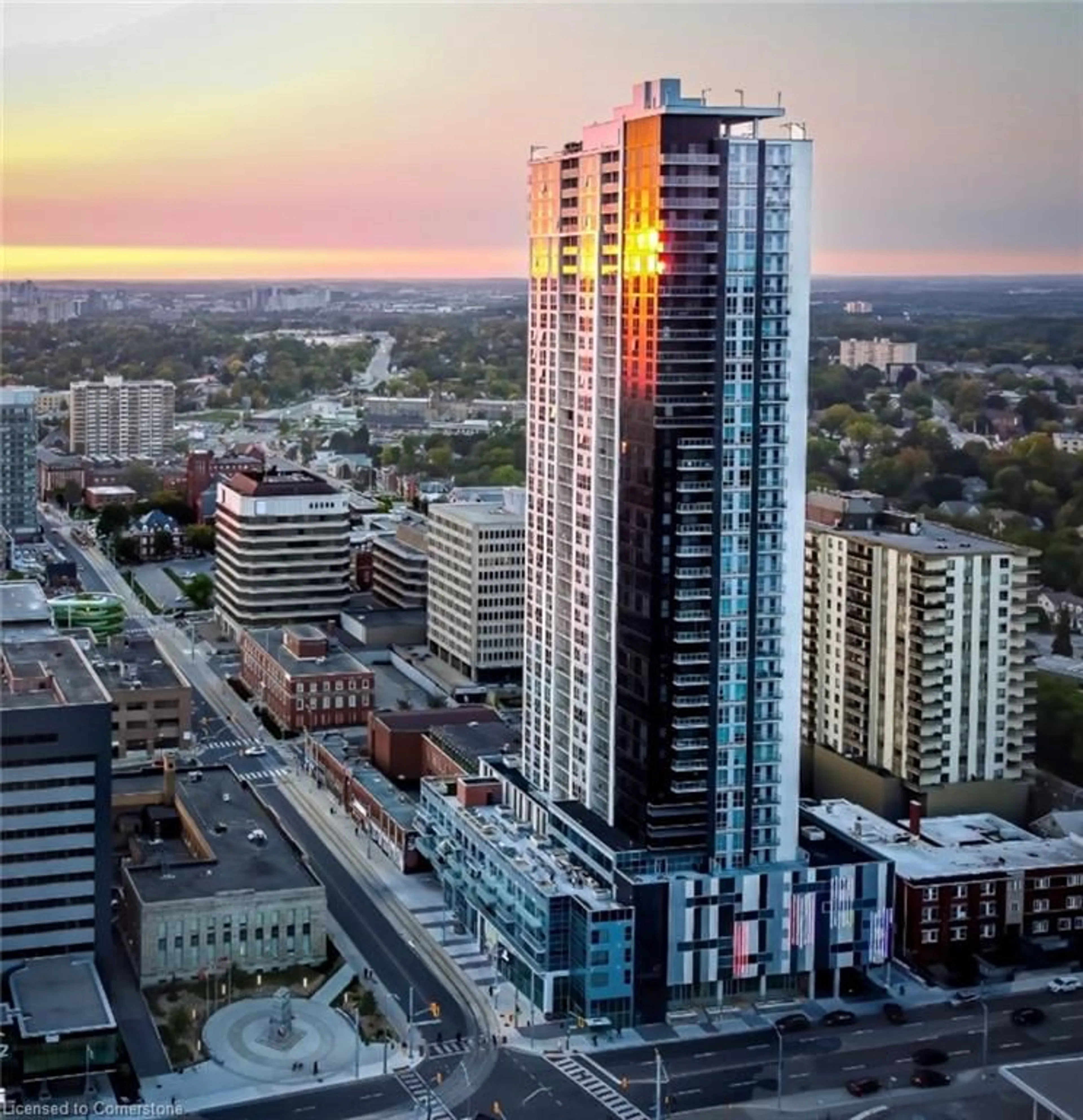 A pic from outside/outdoor area/front of a property/back of a property/a pic from drone, city buildings view from balcony for 60 Frederick St #1109, Kitchener Ontario N2H 0C7
