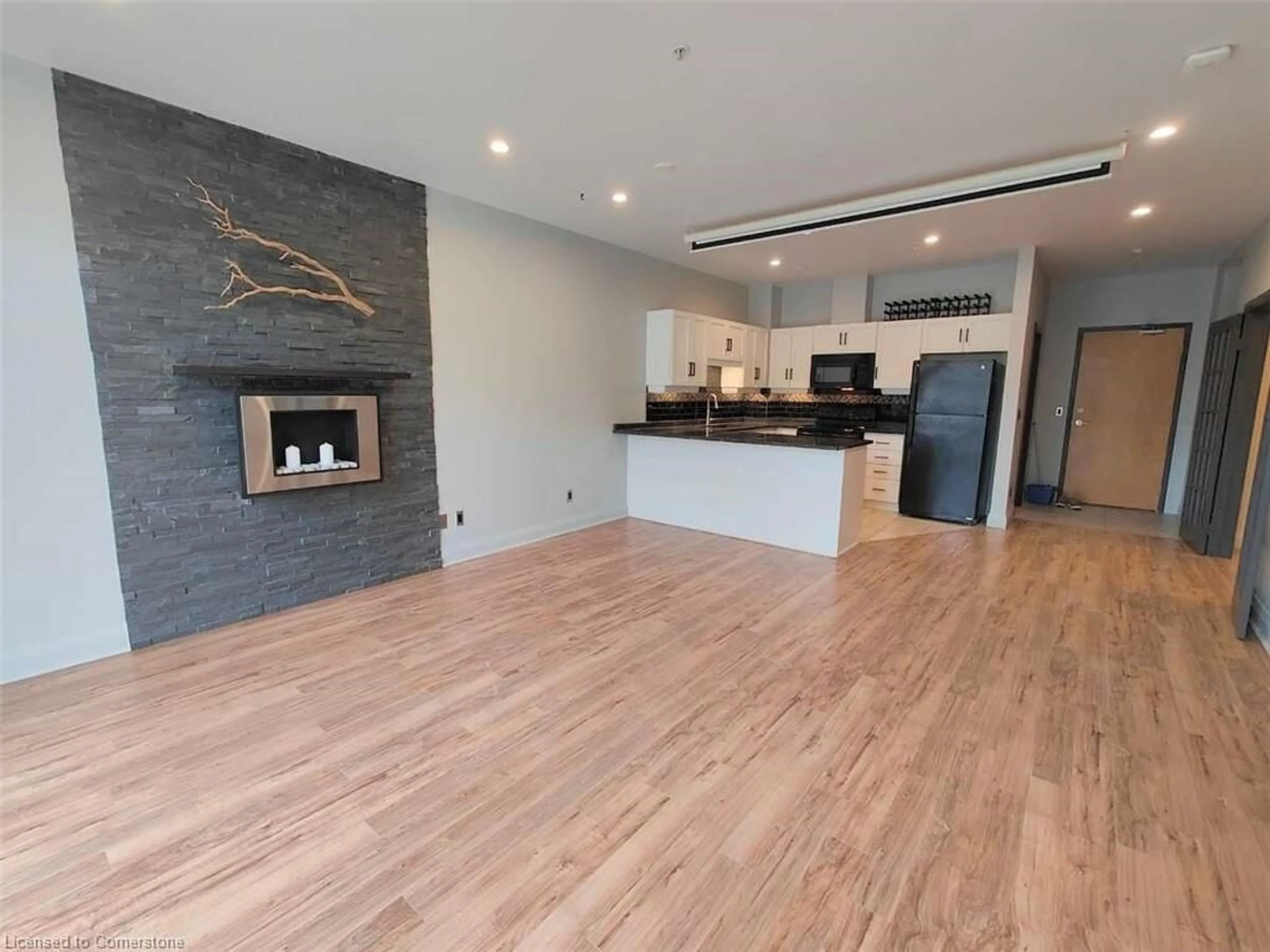 Open concept kitchen, wood/laminate floor for 165 Duke St #103, Kitchener Ontario N2H 6T8