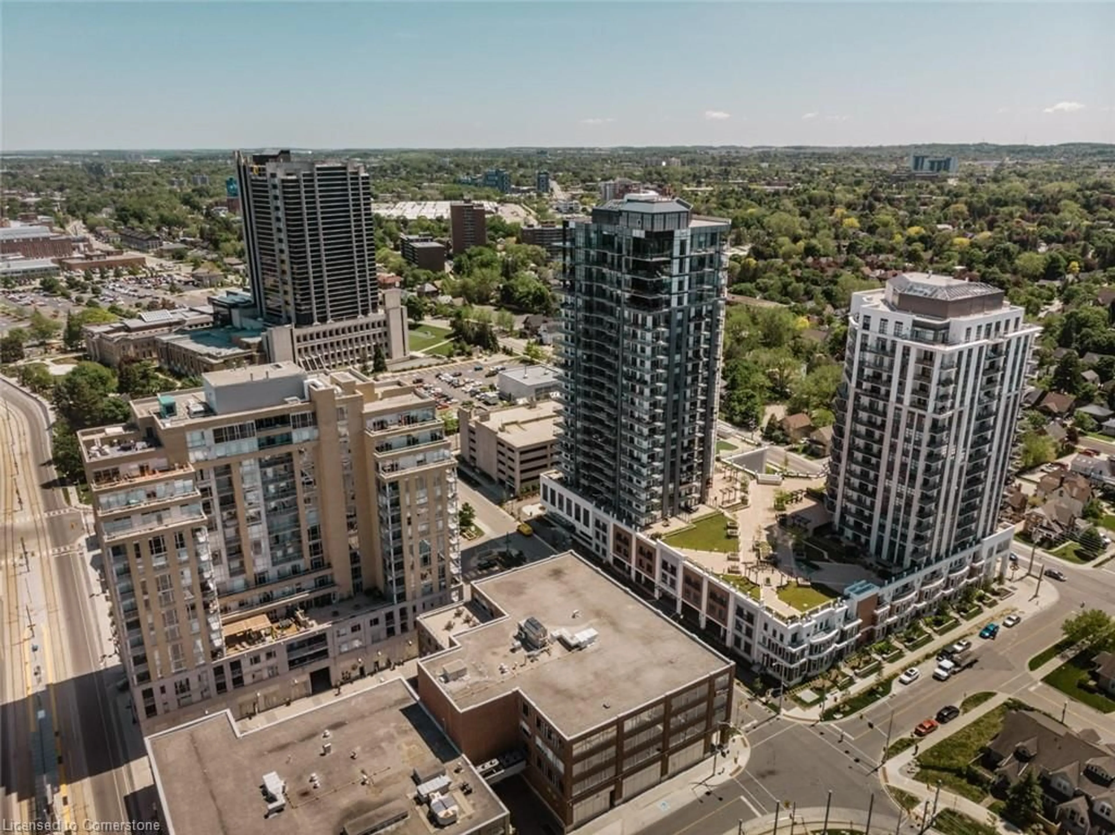 A pic from outside/outdoor area/front of a property/back of a property/a pic from drone, city buildings view from balcony for 155 Caroline St #603, Waterloo Ontario N2L 0J8