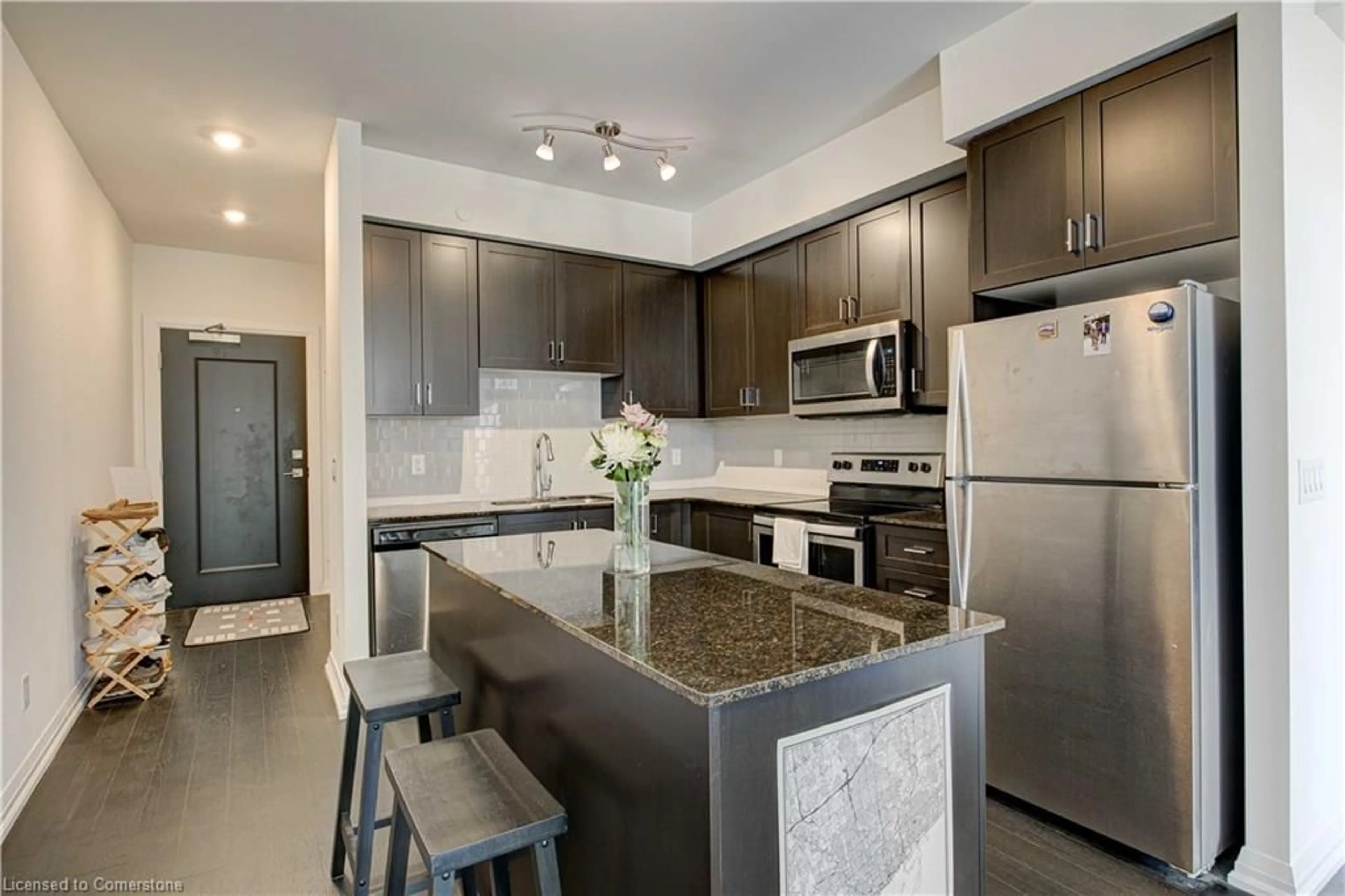 Open concept kitchen, ceramic/tile floor for 155 Caroline St #603, Waterloo Ontario N2L 0J8
