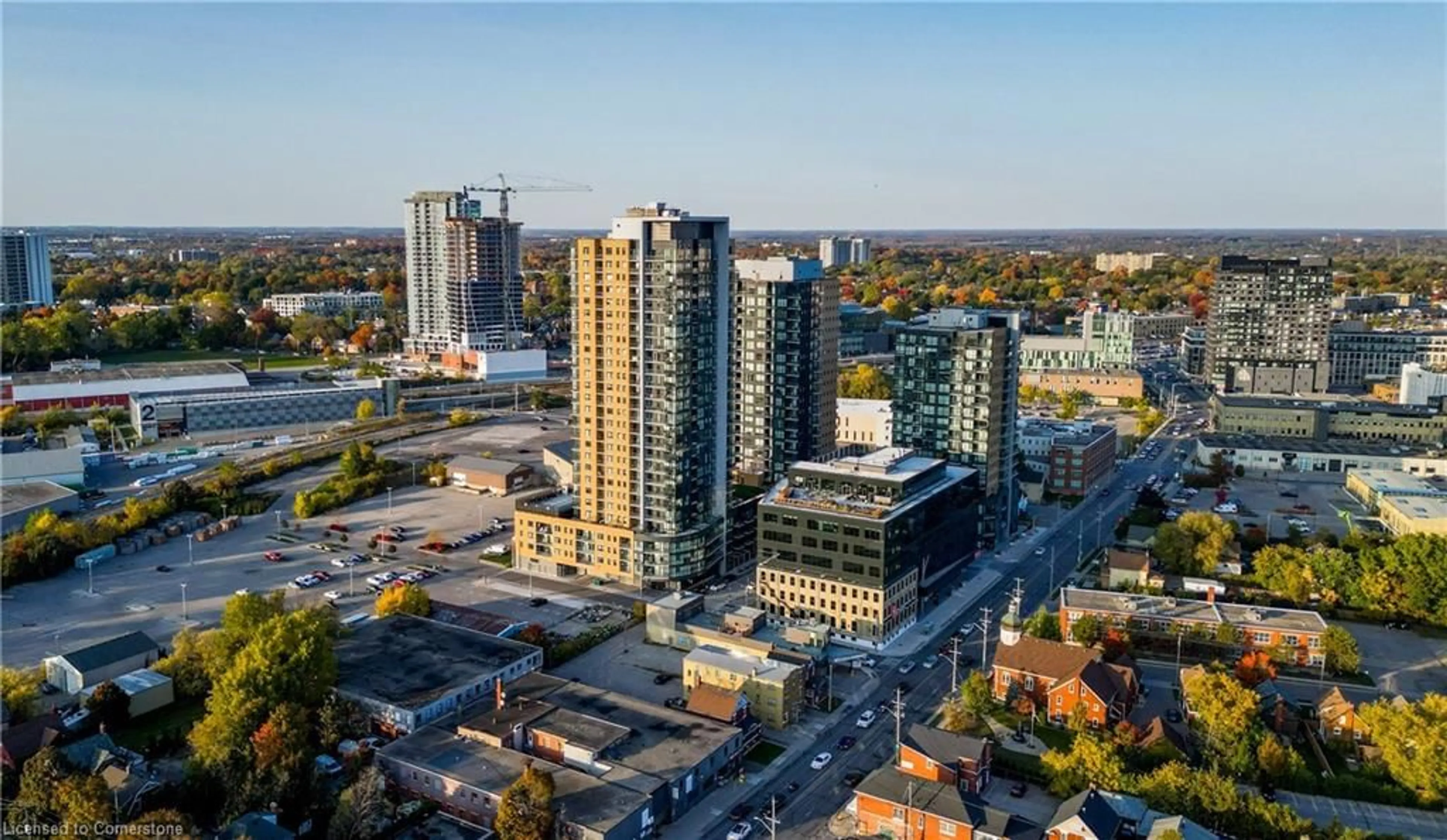 A pic from outside/outdoor area/front of a property/back of a property/a pic from drone, city buildings view from balcony for 108 Garment St #209, Kitchener Ontario N2G 2B3