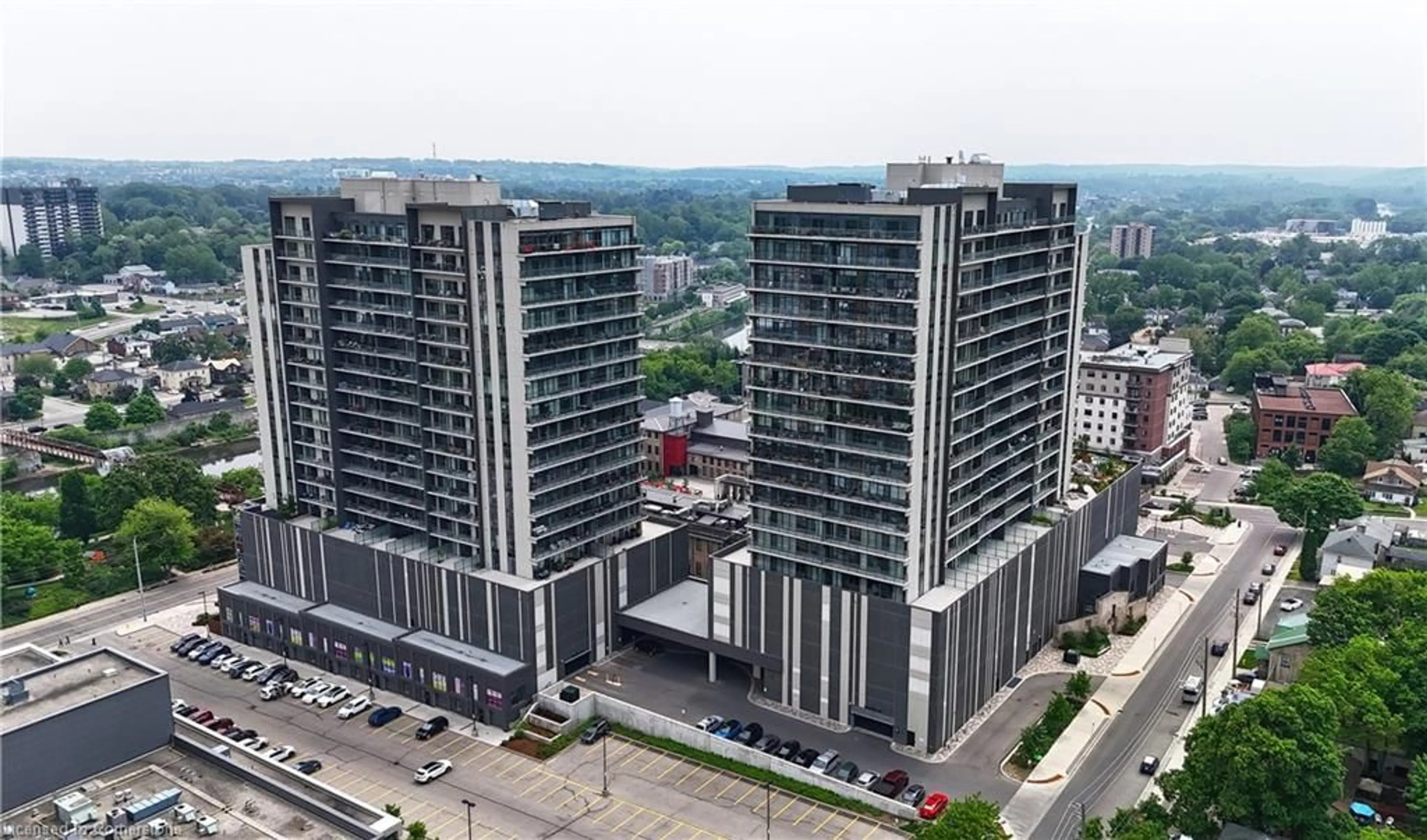 A pic from outside/outdoor area/front of a property/back of a property/a pic from drone, city buildings view from balcony for 15 Glebe St #1213, Cambridge Ontario N1S 0C3