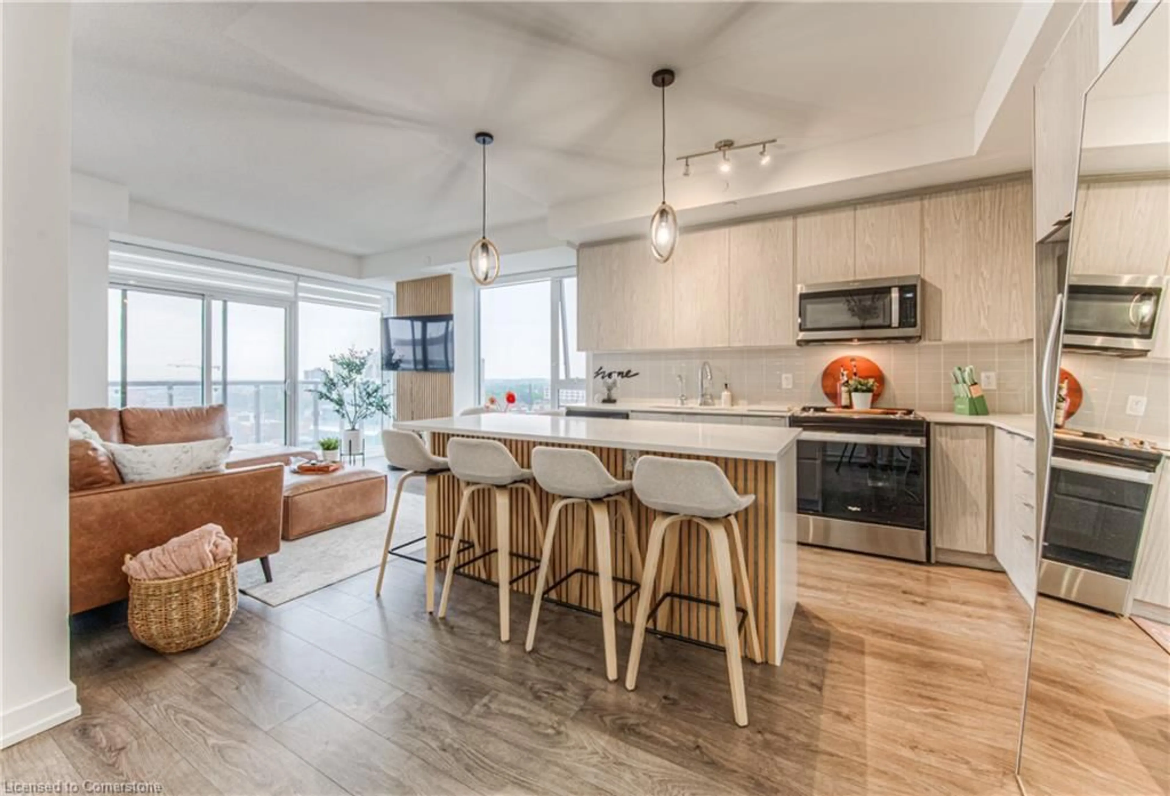 Open concept kitchen, wood/laminate floor for 55 Duke St #1308, Kitchener Ontario N2H 0C9