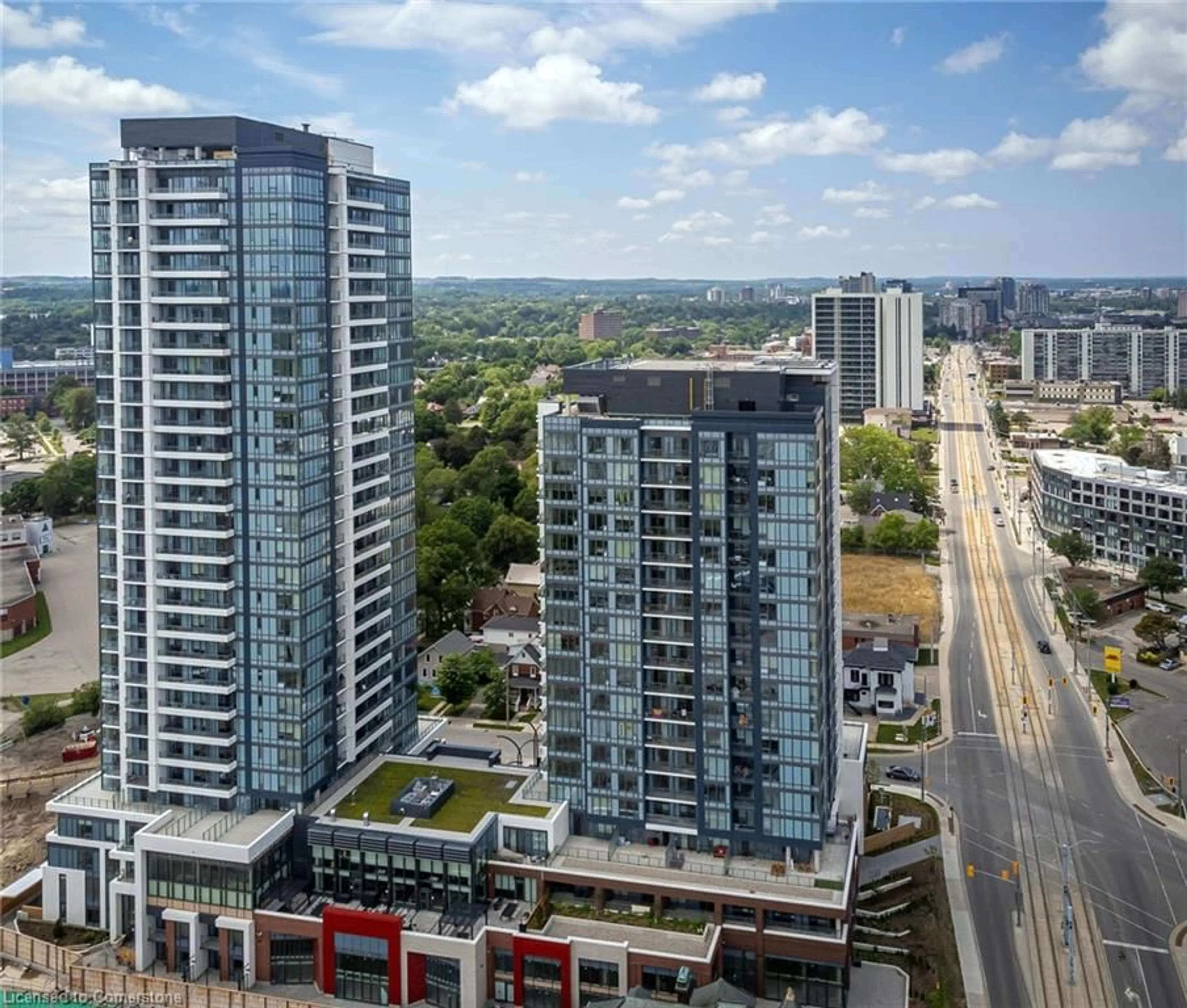 A pic from outside/outdoor area/front of a property/back of a property/a pic from drone, city buildings view from balcony for 15 Wellington St #2804, Kitchener Ontario N2G 0E4