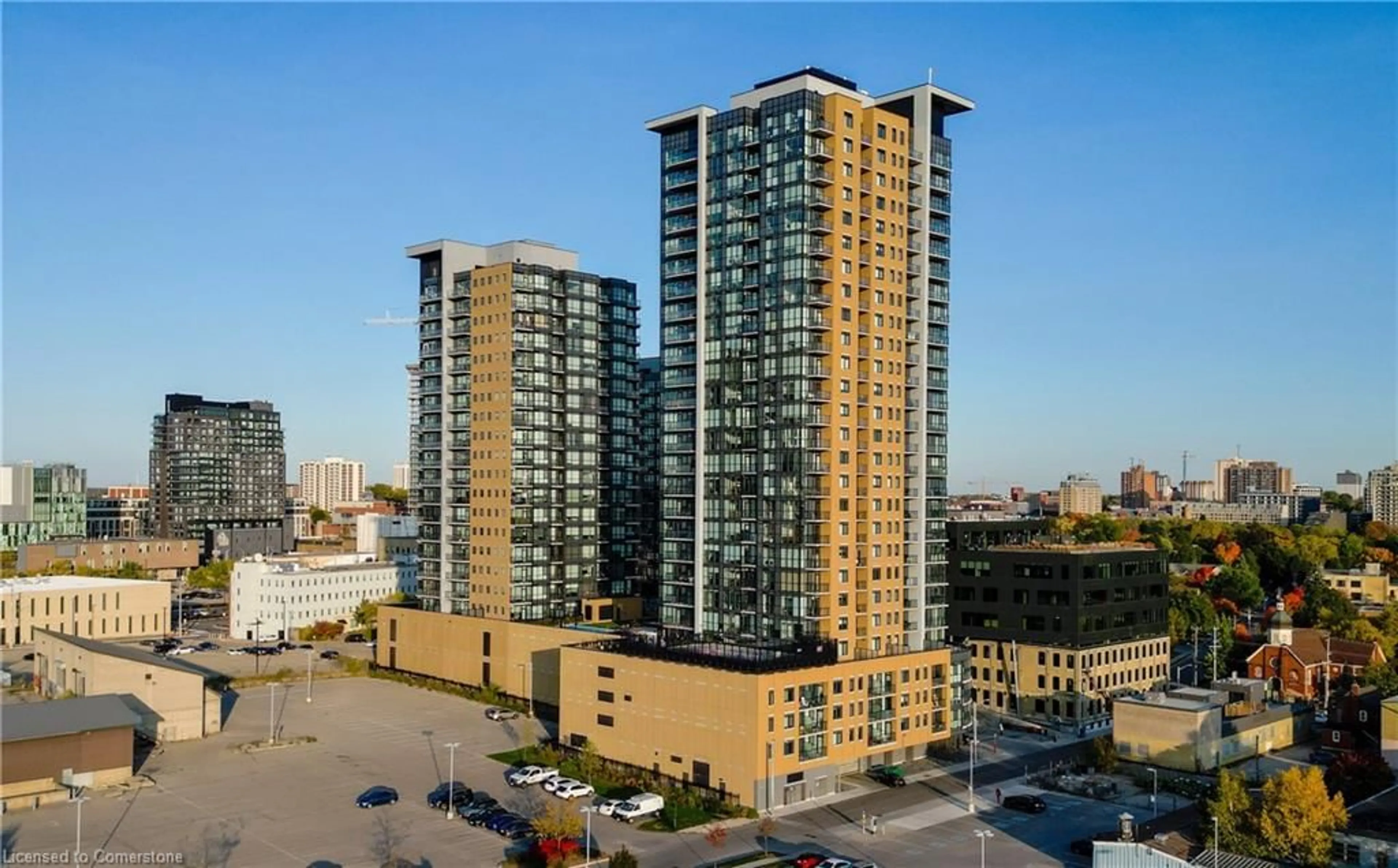 A pic from outside/outdoor area/front of a property/back of a property/a pic from drone, city buildings view from balcony for 108 Garment St #1504, Kitchener Ontario N2E 0G2