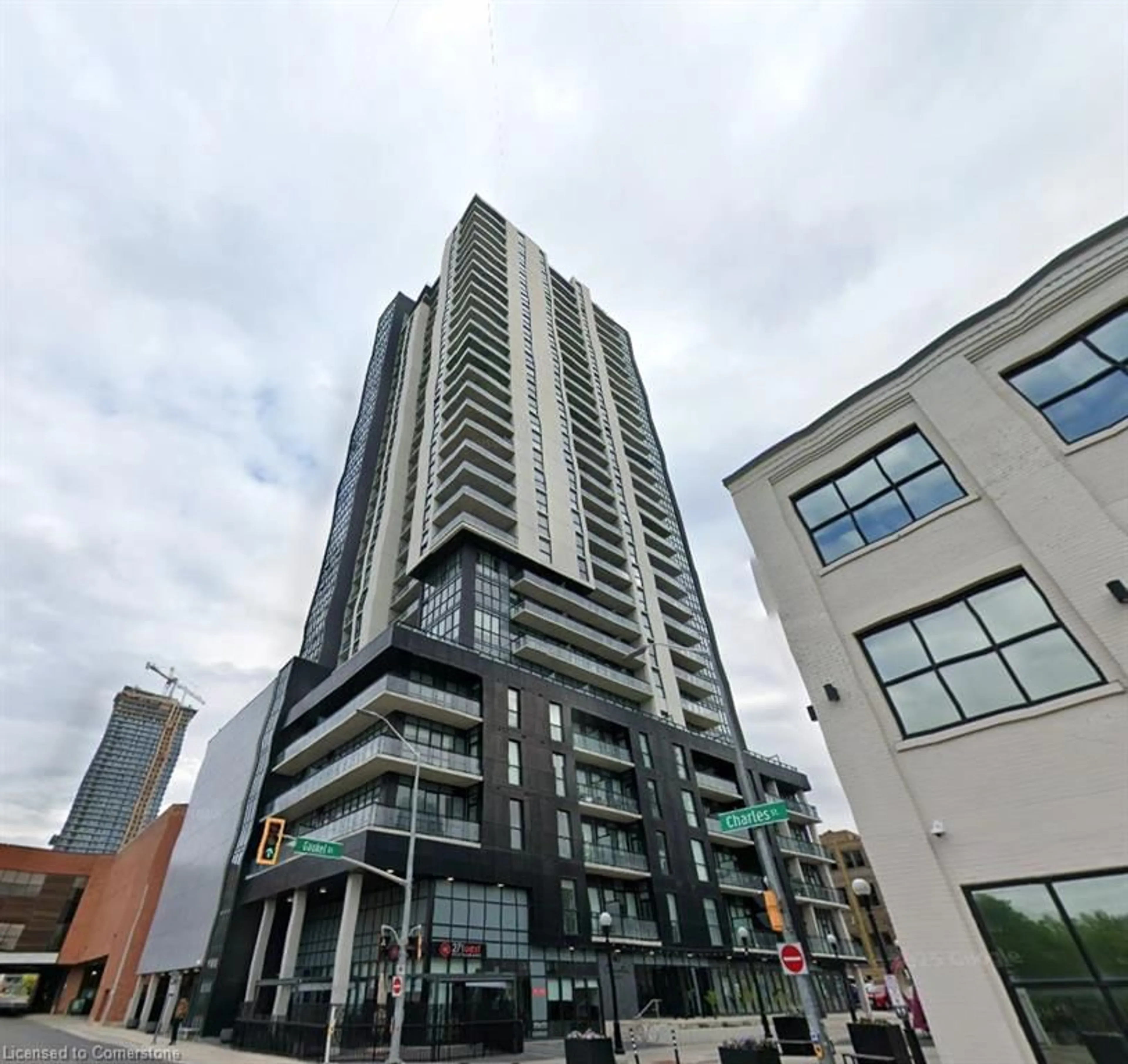 A pic from outside/outdoor area/front of a property/back of a property/a pic from drone, city buildings view from balcony for 60 Charles St #2403, Kitchener Ontario N2G 0C9