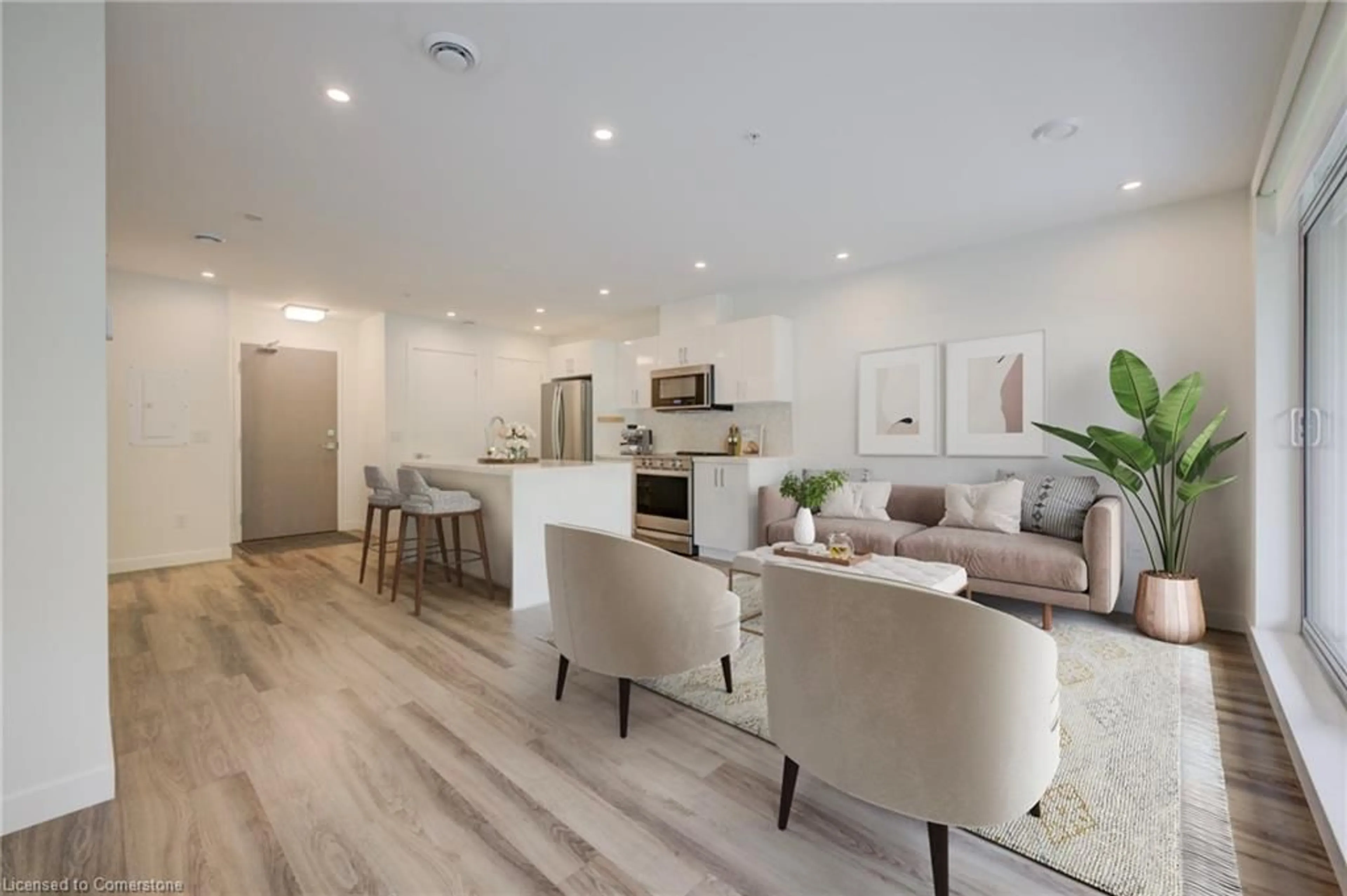Open concept kitchen, wood/laminate floor for 455 Charlton Ave #510, Hamilton Ontario L8N 0B2