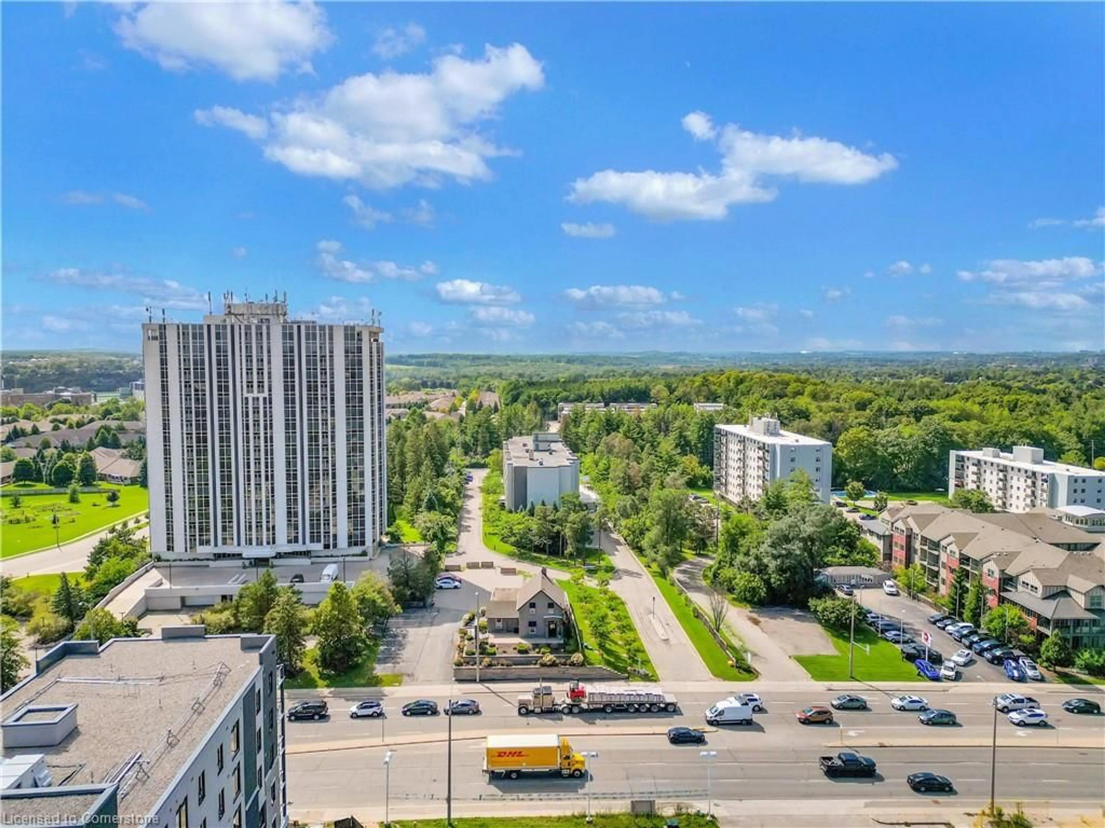 A pic from outside/outdoor area/front of a property/back of a property/a pic from drone, city buildings view from balcony for 190 Hespeler Rd #501, Cambridge Ontario N1R 8B8