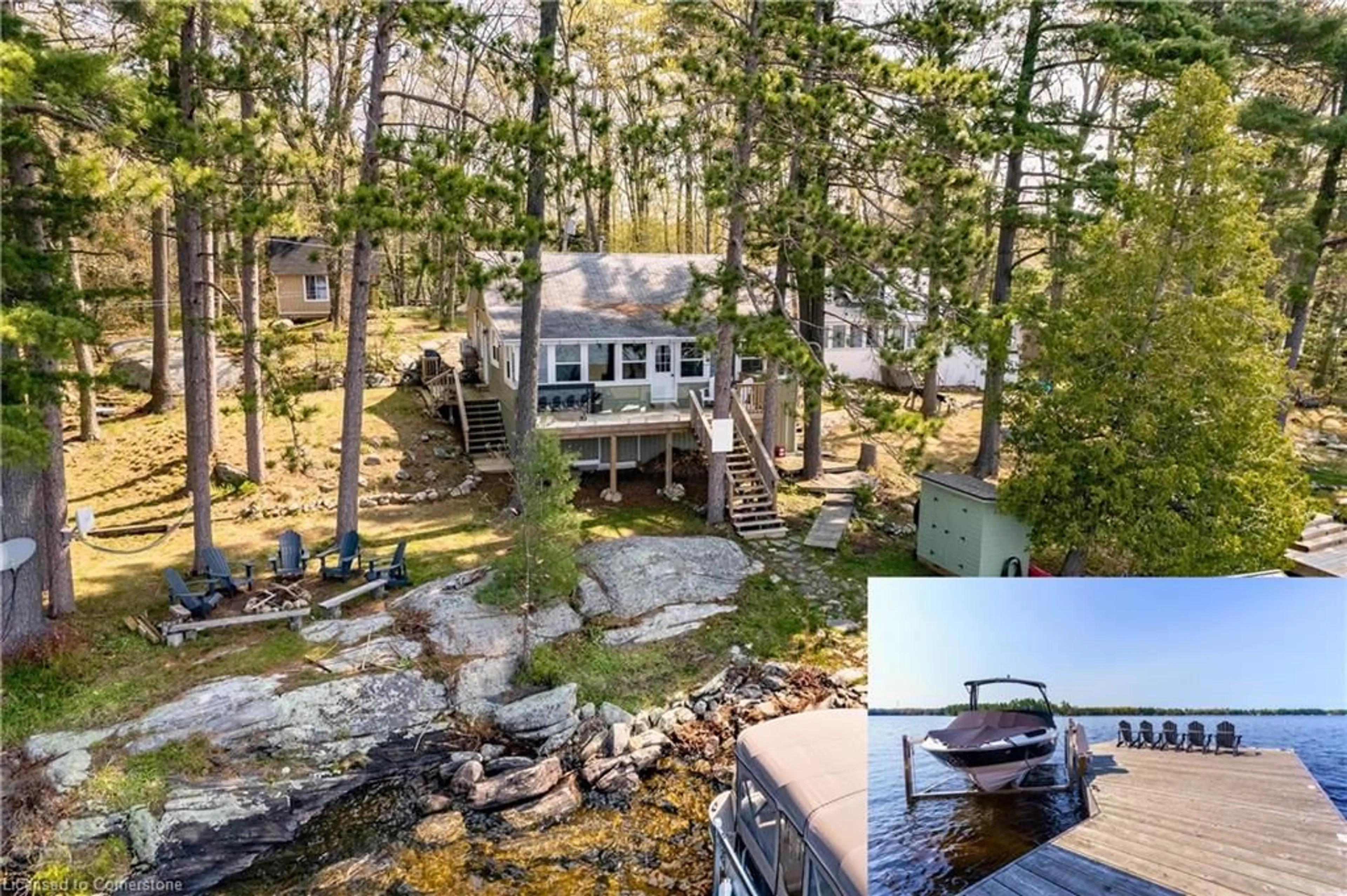 A pic from outside/outdoor area/front of a property/back of a property/a pic from drone, water/lake/river/ocean view for 99 Bala Park Island, Bala Ontario P0C 1A0