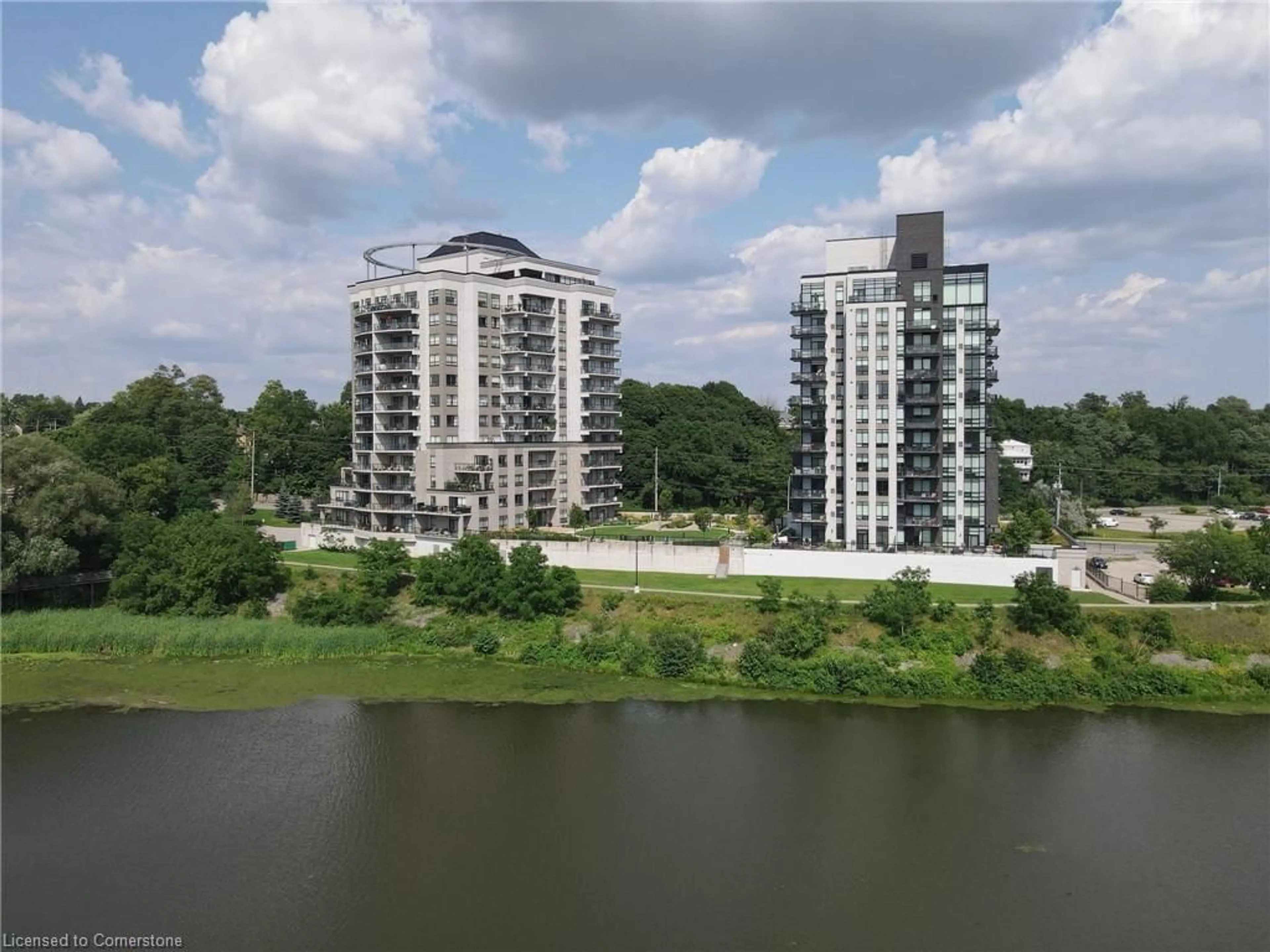 A pic from outside/outdoor area/front of a property/back of a property/a pic from drone, water/lake/river/ocean view for 150 Water Street North St #507, Cambridge Ontario N1R 0B5