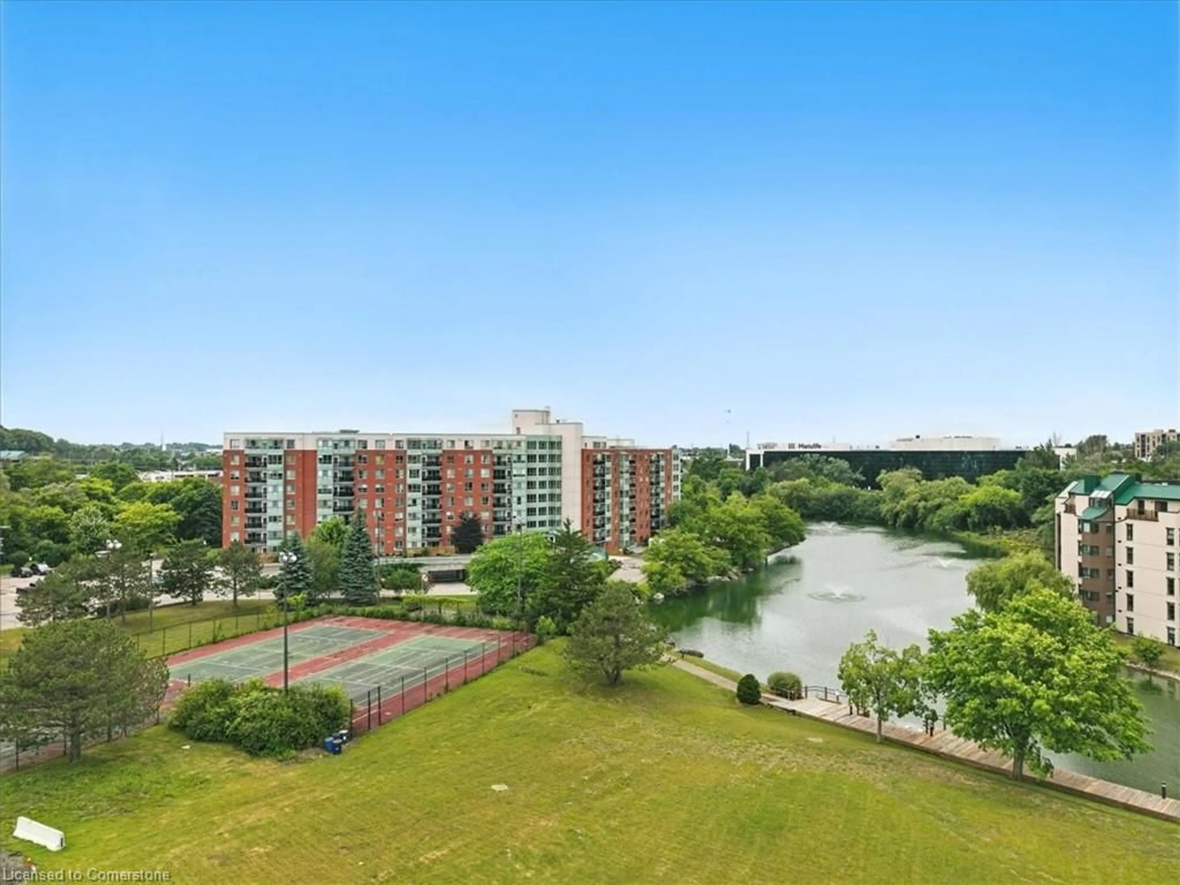 A pic from outside/outdoor area/front of a property/back of a property/a pic from drone, water/lake/river/ocean view for 30 Blue Springs Dr #201, Waterloo Ontario N2J 4T2