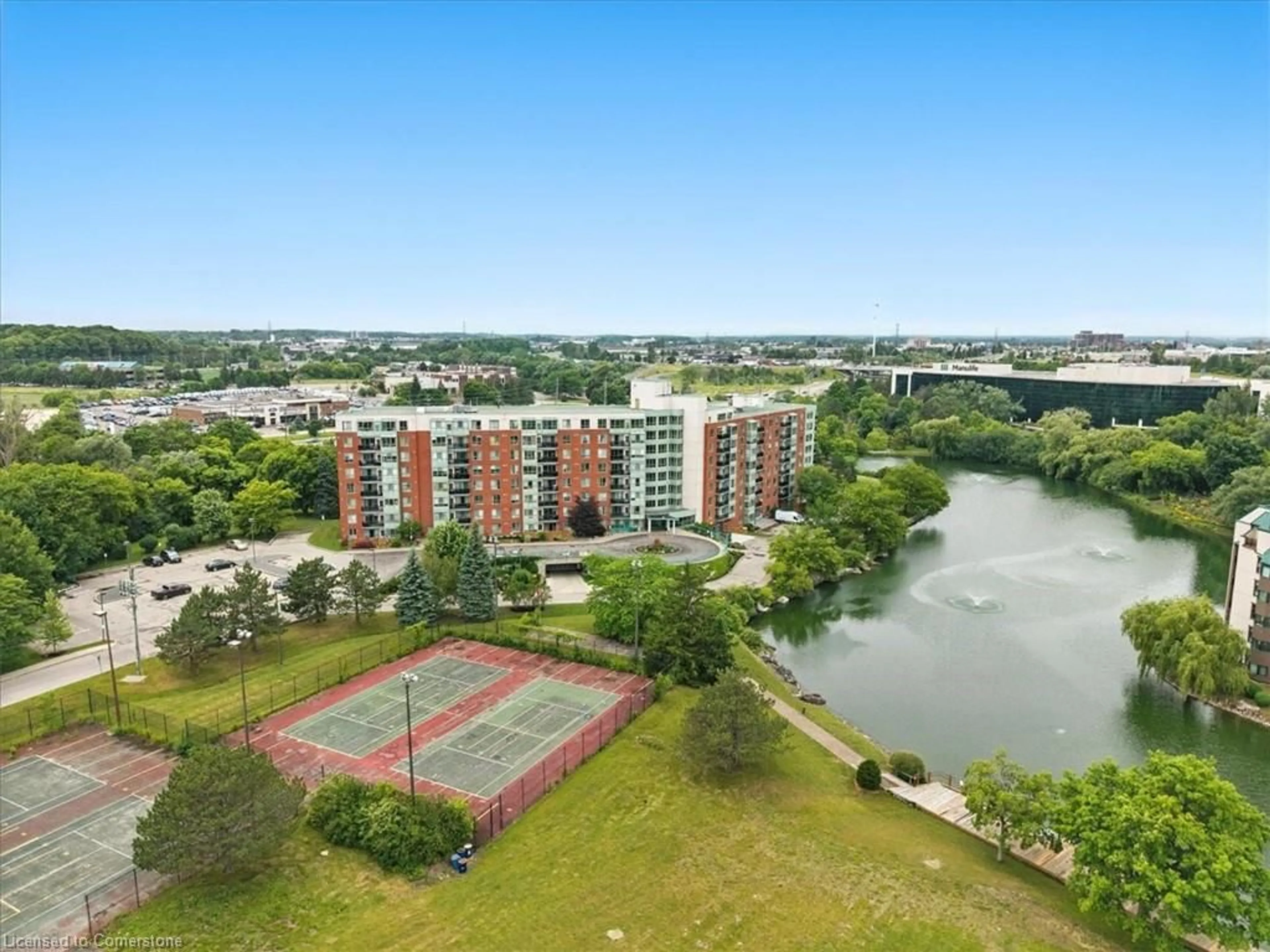 A pic from outside/outdoor area/front of a property/back of a property/a pic from drone, water/lake/river/ocean view for 30 Blue Springs Dr #201, Waterloo Ontario N2J 4T2