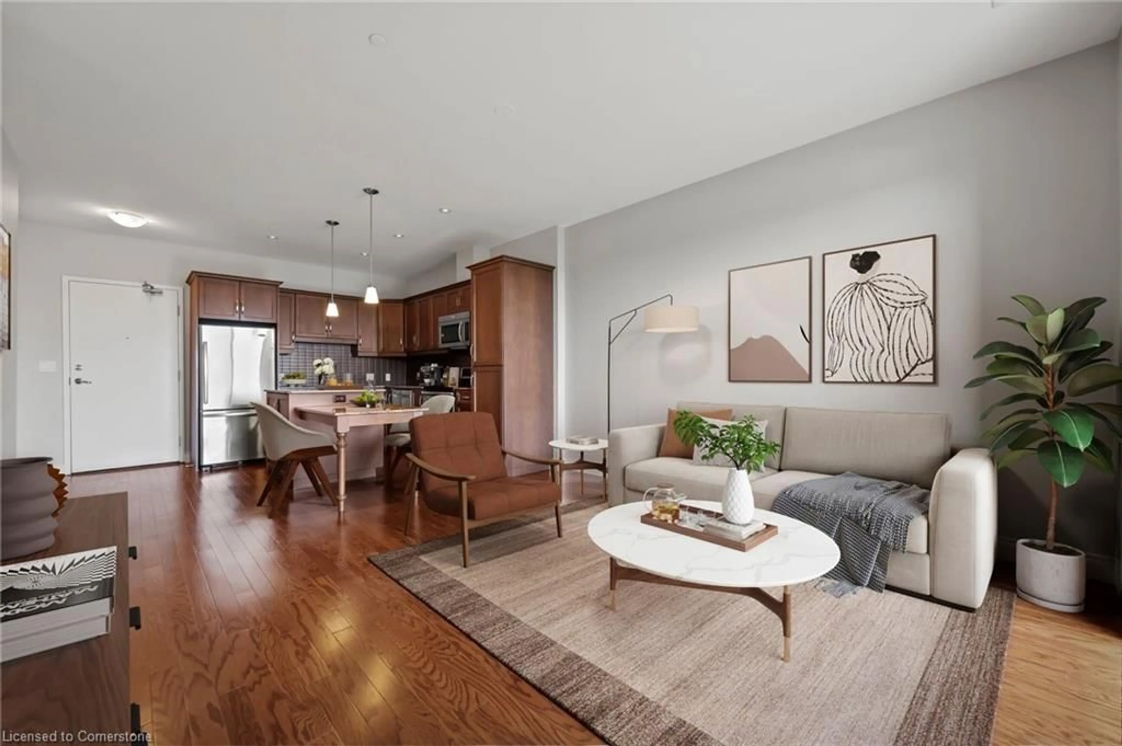 Living room with furniture, wood/laminate floor for 223 Erb St #704, Waterloo Ontario N2L 0B3