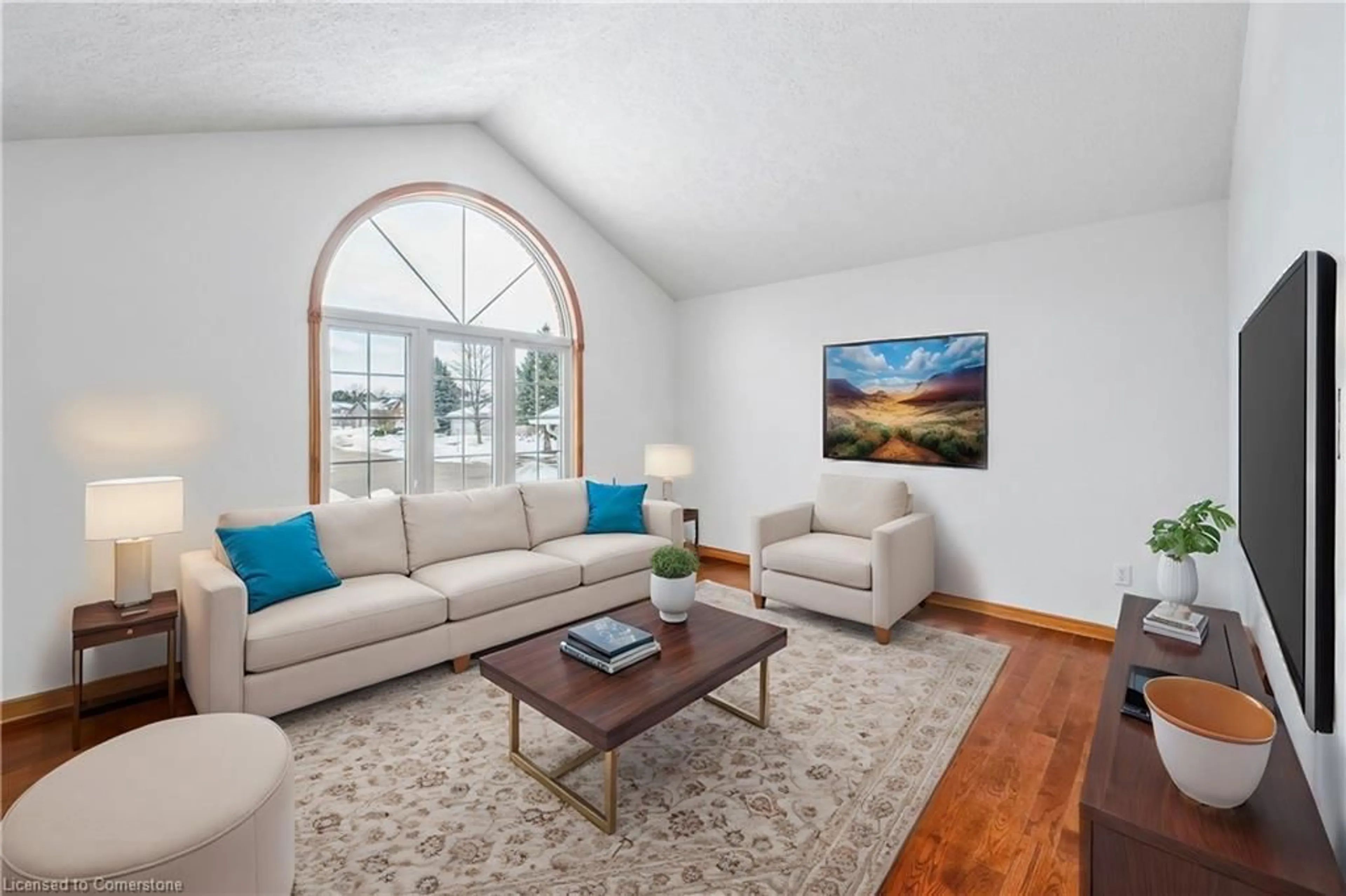 Living room with furniture, wood/laminate floor for 82 Whitlaw Way, Paris Ontario N3L 4B5