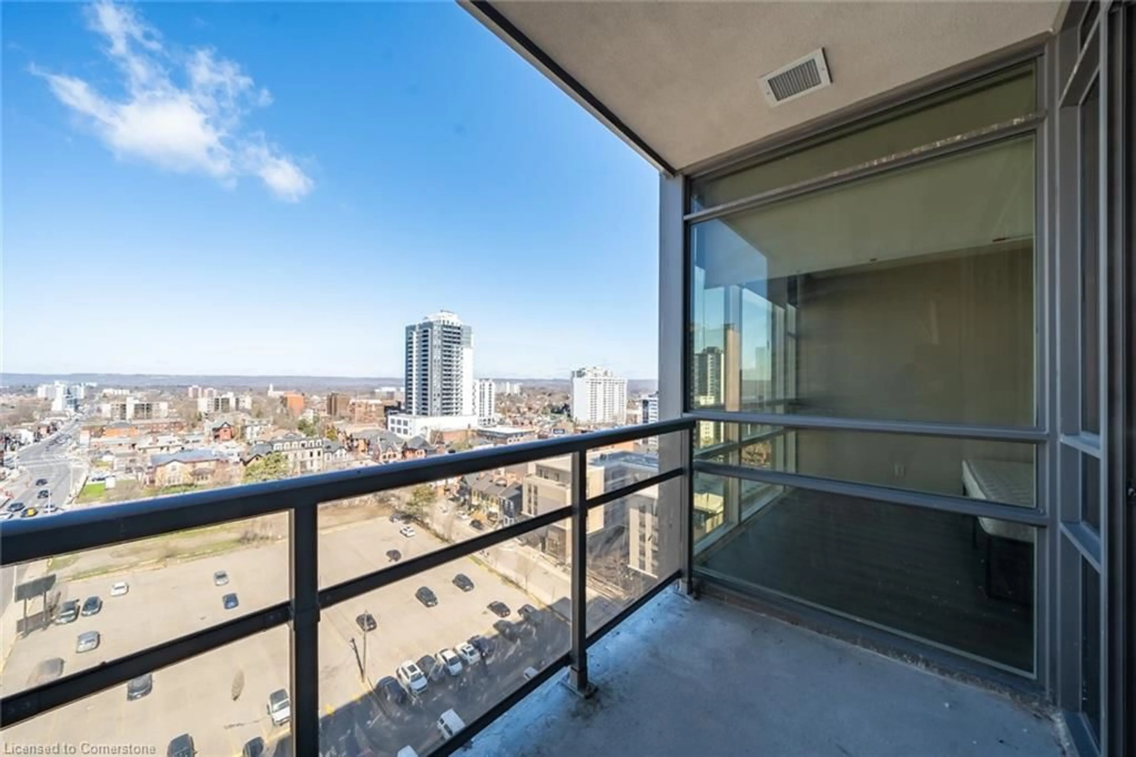 Balcony in the apartment, city buildings view from balcony for 150 Main St #PH3, Hamilton Ontario L8P 1H8