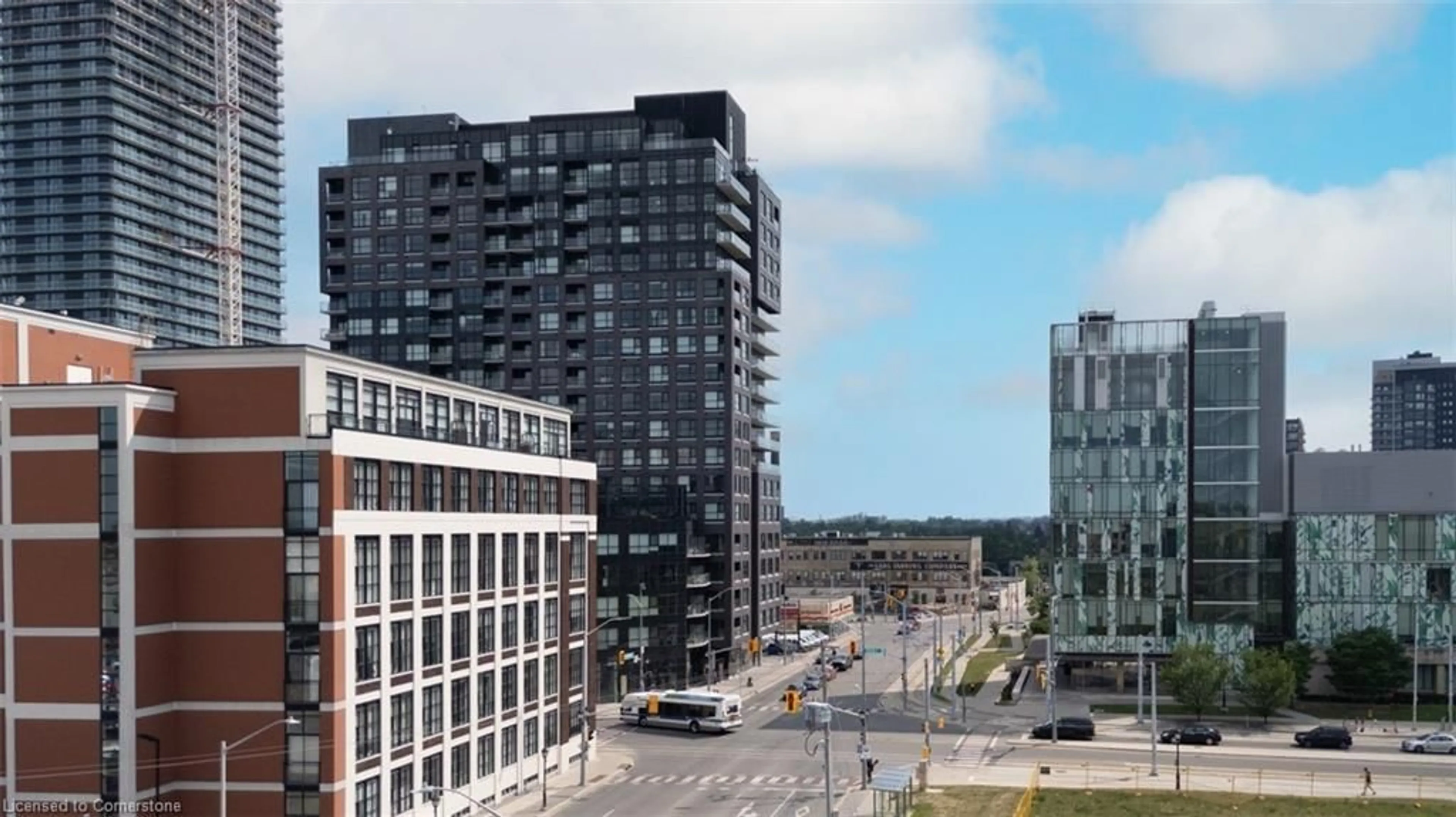 A pic from outside/outdoor area/front of a property/back of a property/a pic from drone, city buildings view from balcony for 1 Victoria St South St #509, Kitchener Ontario N2G 0B5