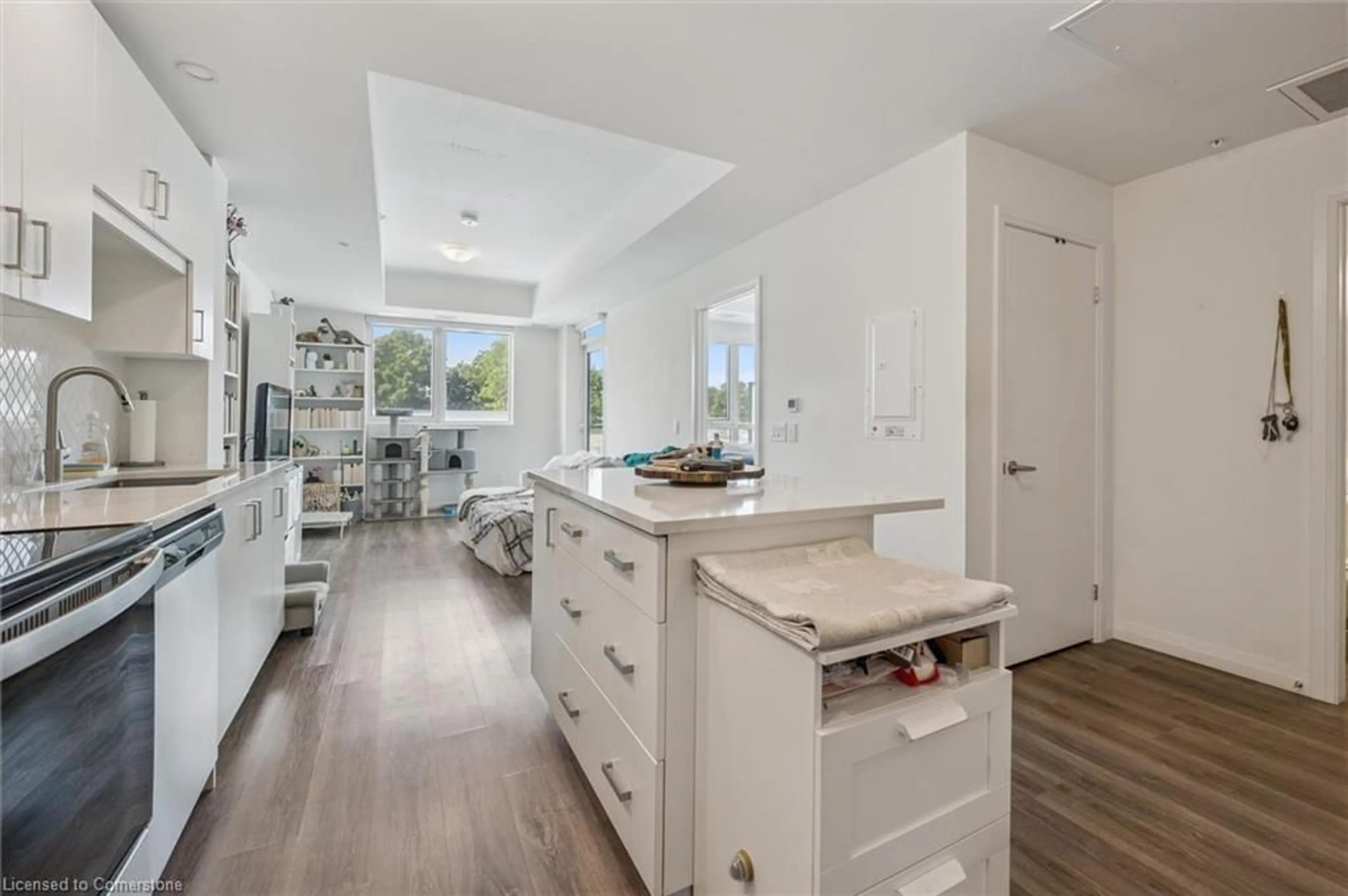 Open concept kitchen, ceramic/tile floor for 108 Garment St #213, Kitchener Ontario N2G 0E2