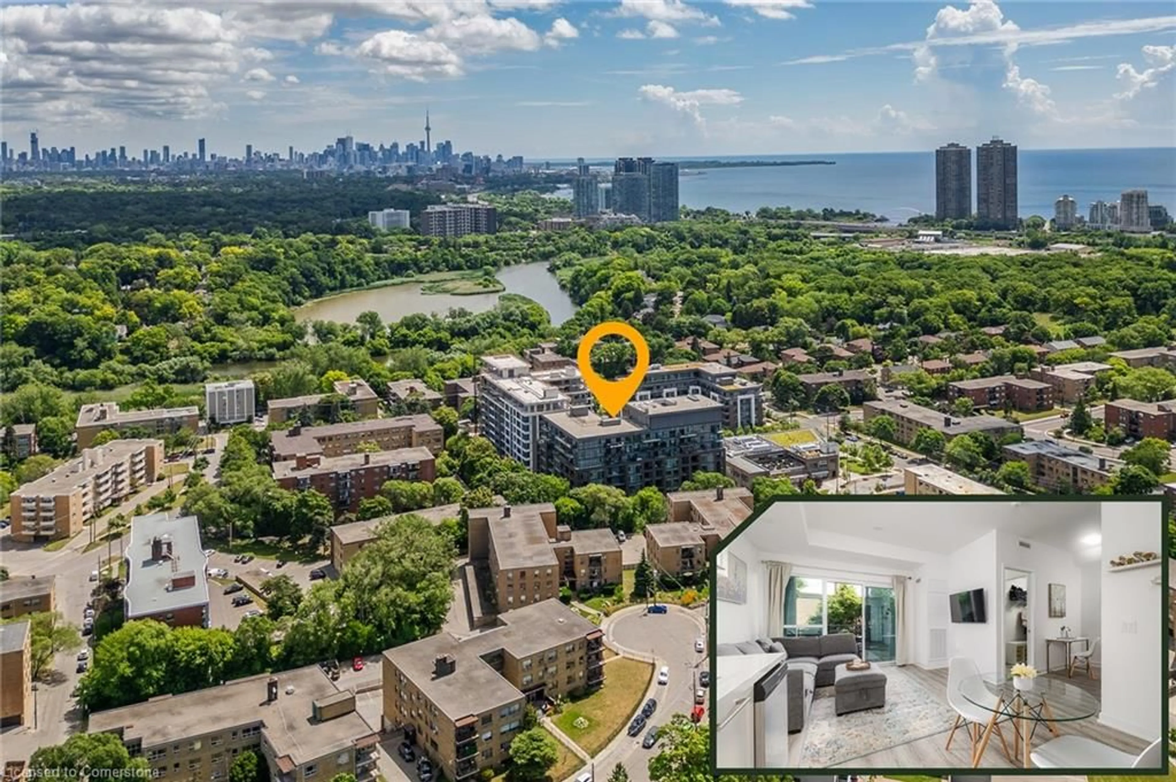 A pic from outside/outdoor area/front of a property/back of a property/a pic from drone, city buildings view from balcony for 25 Neighbourhood Lane #310, Toronto Ontario M8Y 0C3