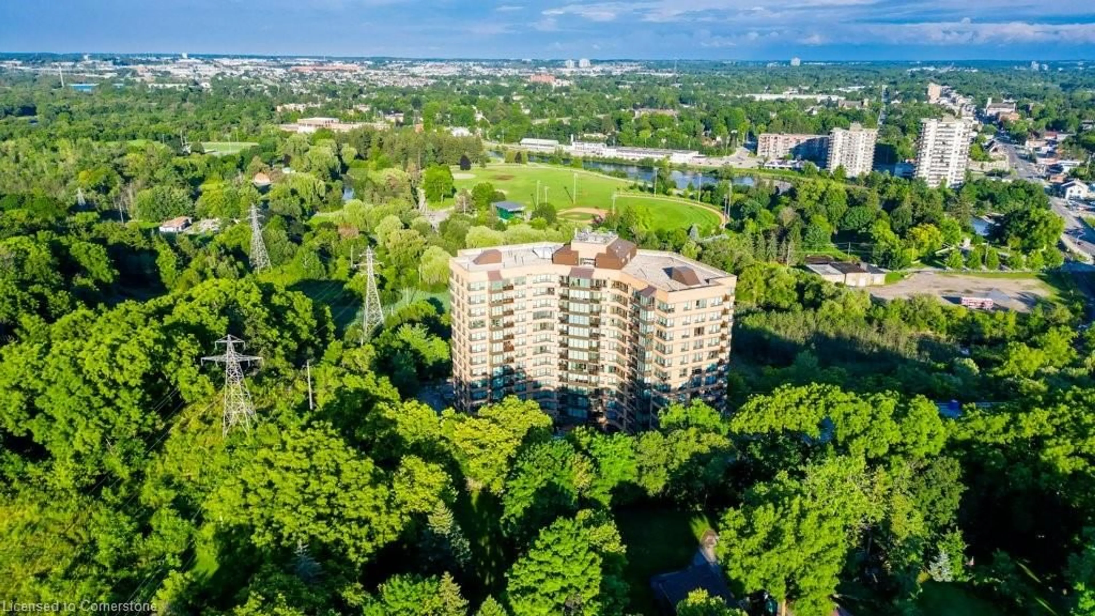 A pic from outside/outdoor area/front of a property/back of a property/a pic from drone, city buildings view from balcony for 237 King St #407, Cambridge Ontario N3H 5L2