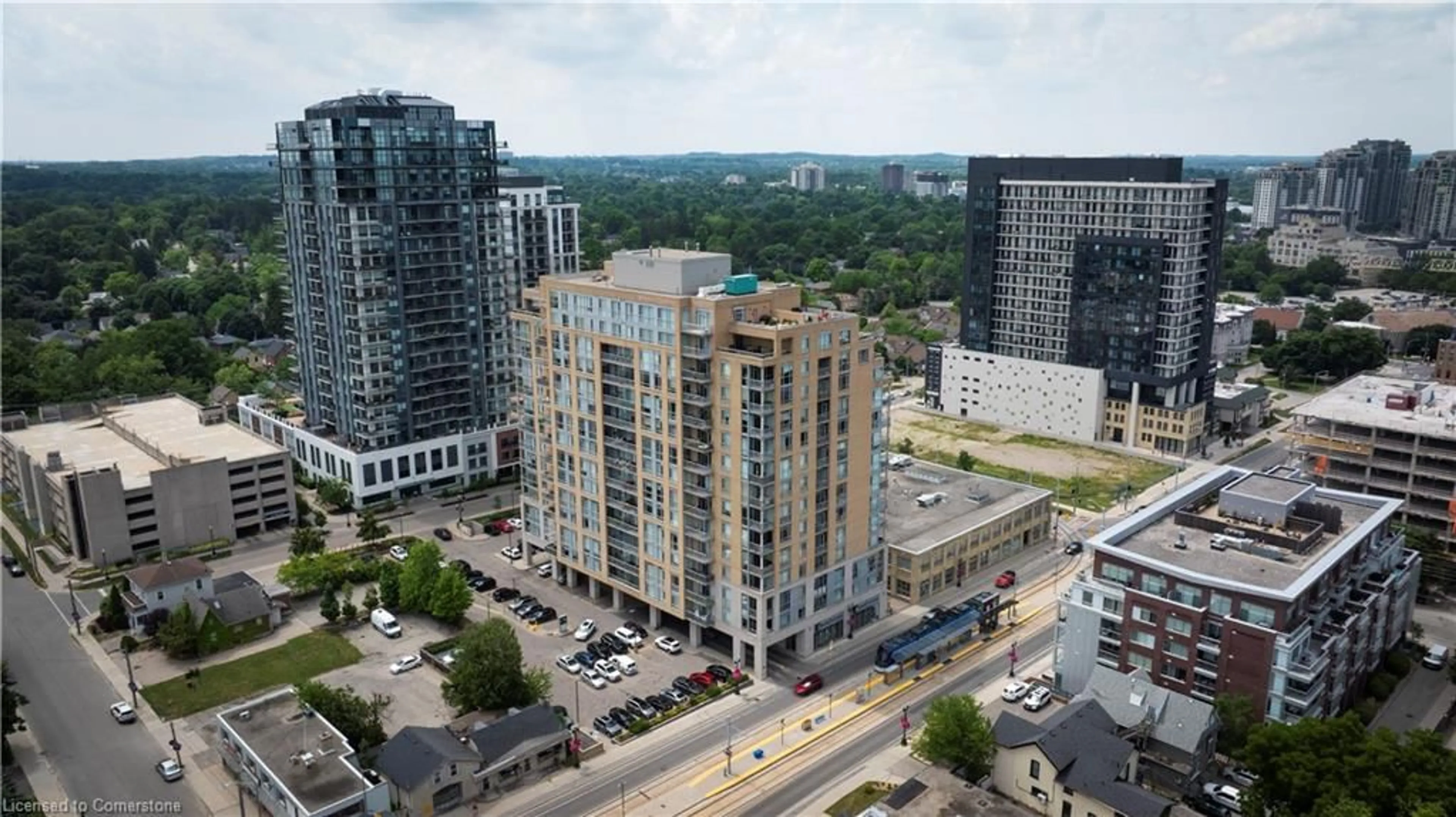 A pic from outside/outdoor area/front of a property/back of a property/a pic from drone, city buildings view from balcony for 191 King St #410, Waterloo Ontario N2J 1R1