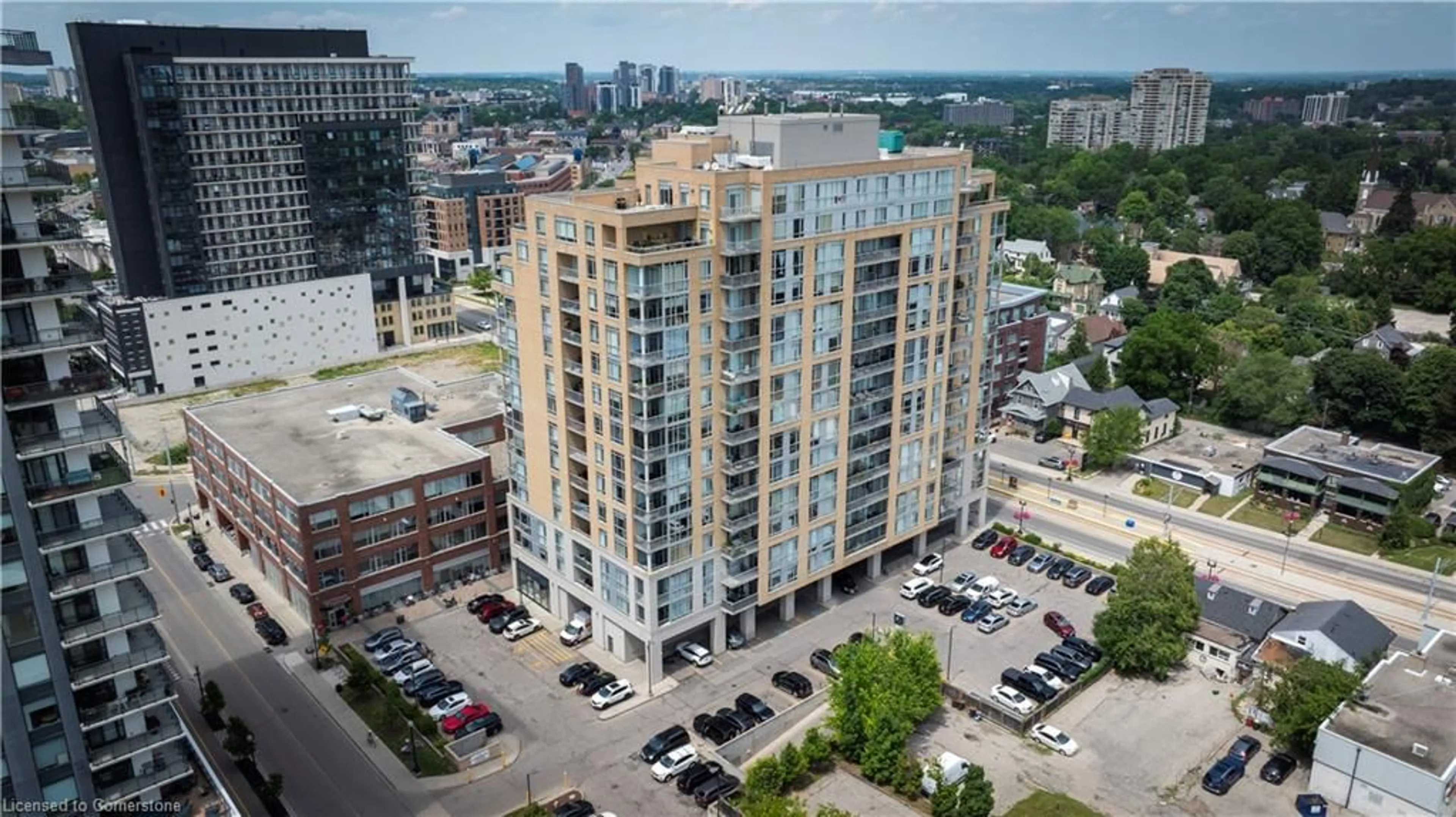 A pic from outside/outdoor area/front of a property/back of a property/a pic from drone, city buildings view from balcony for 191 King St #410, Waterloo Ontario N2J 1R1